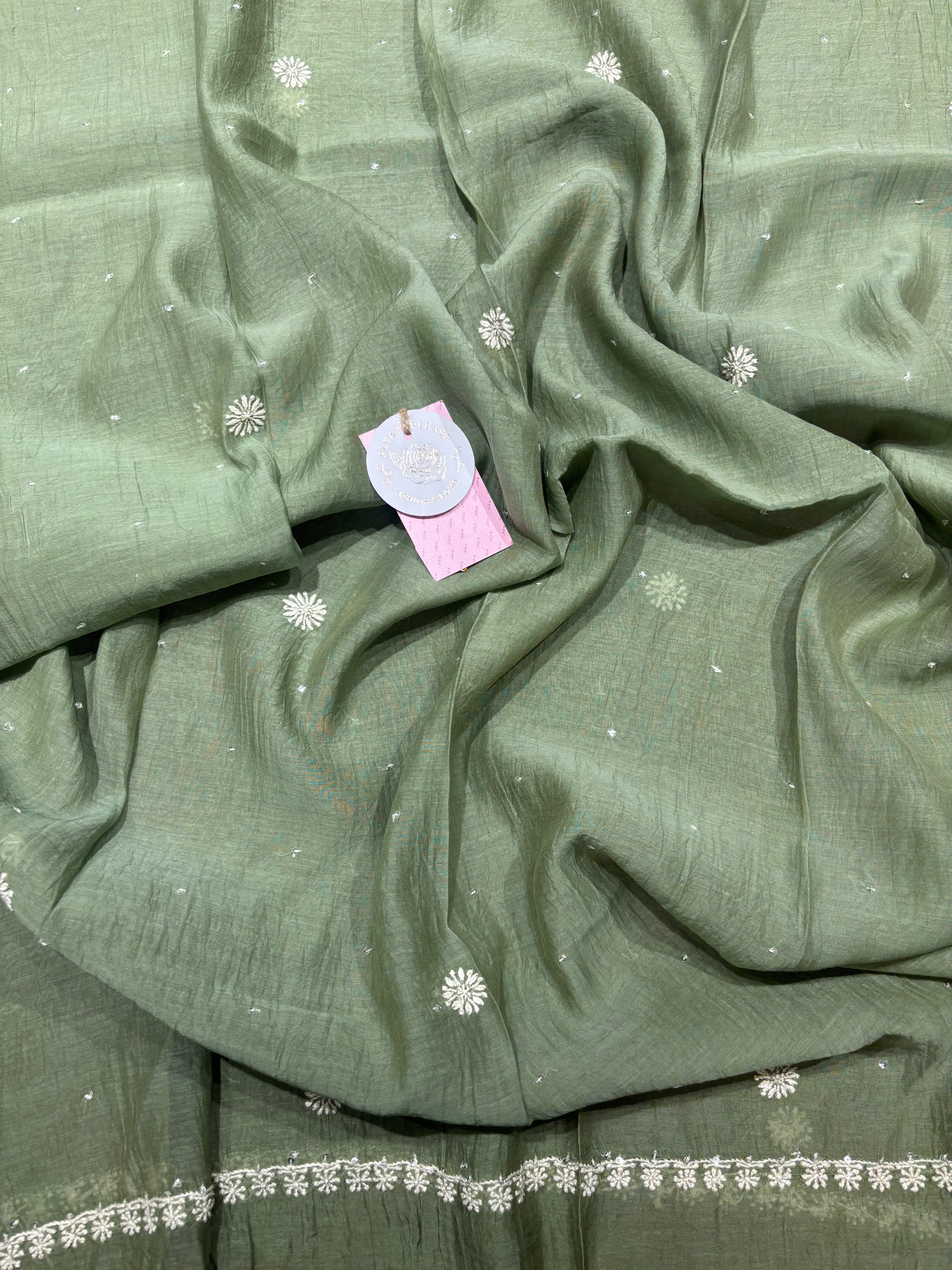 Sage Green Chanderi Mul Chikankari Kurta, Sharara & Dupatta Set