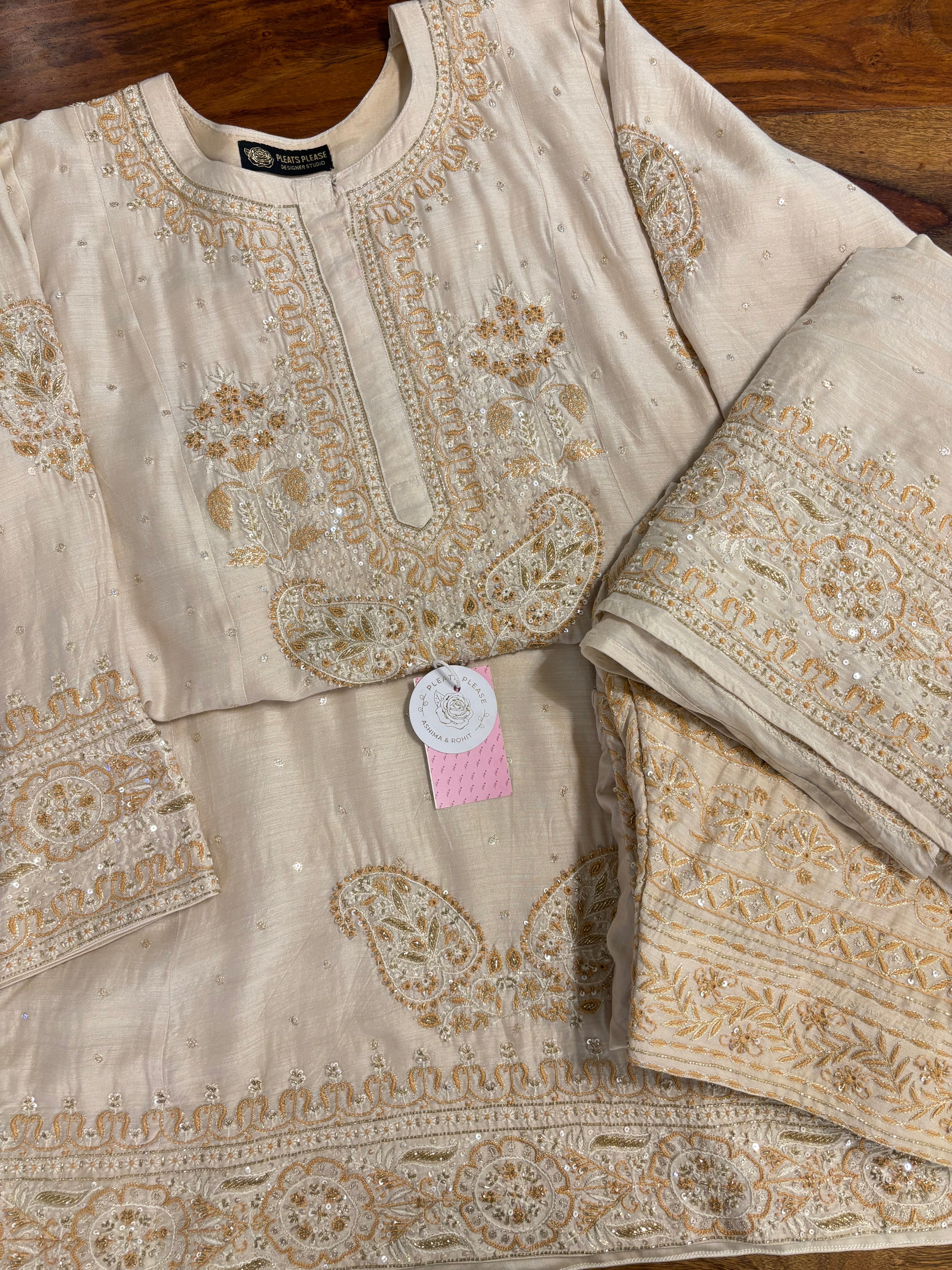 Dyeable Monga Silk A-Line Chikankari Kurta & Dupatta With Bottom