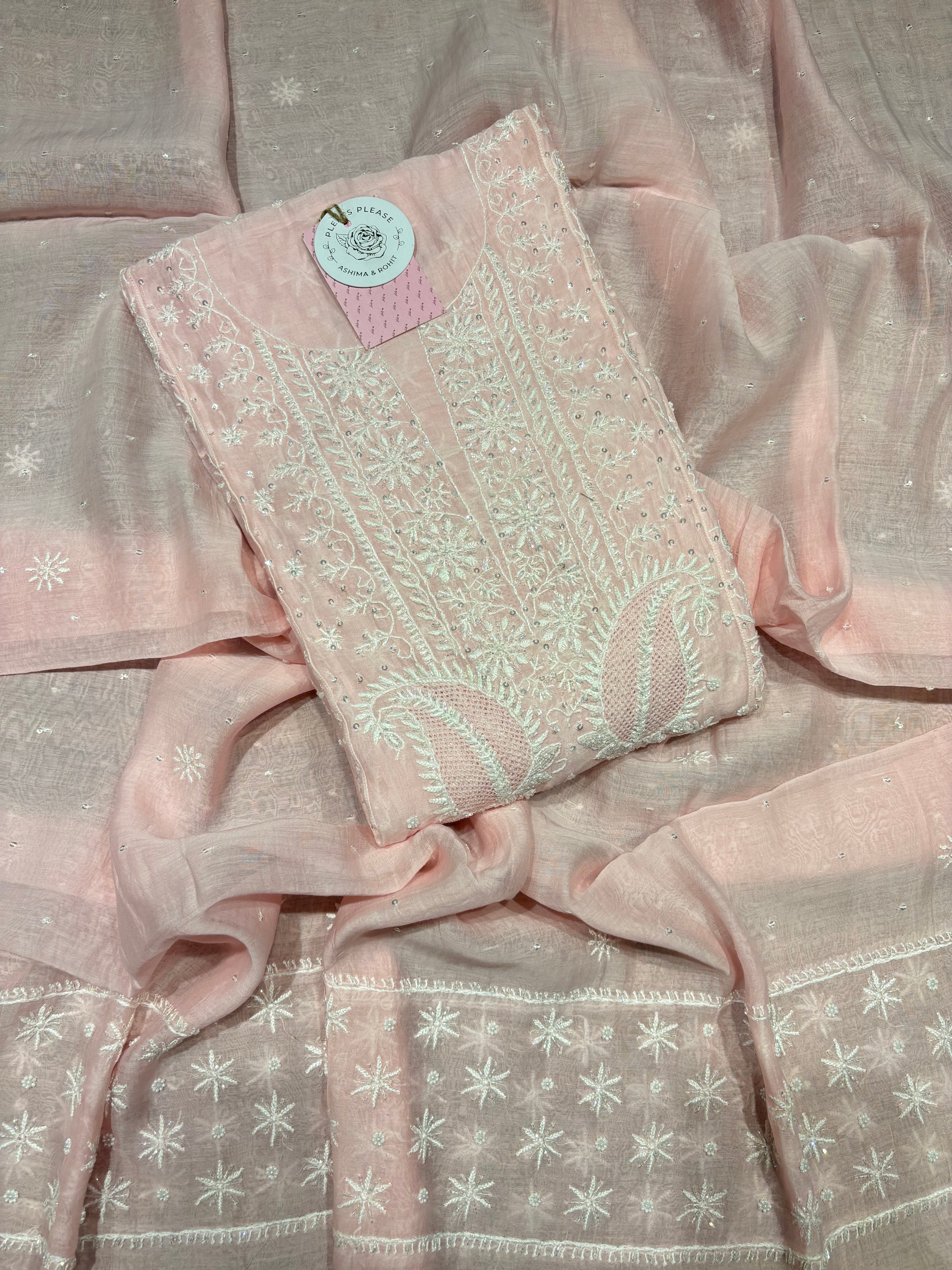 Soft pink Chanderi Mul Chikankari Anarkali and Dupatta Set