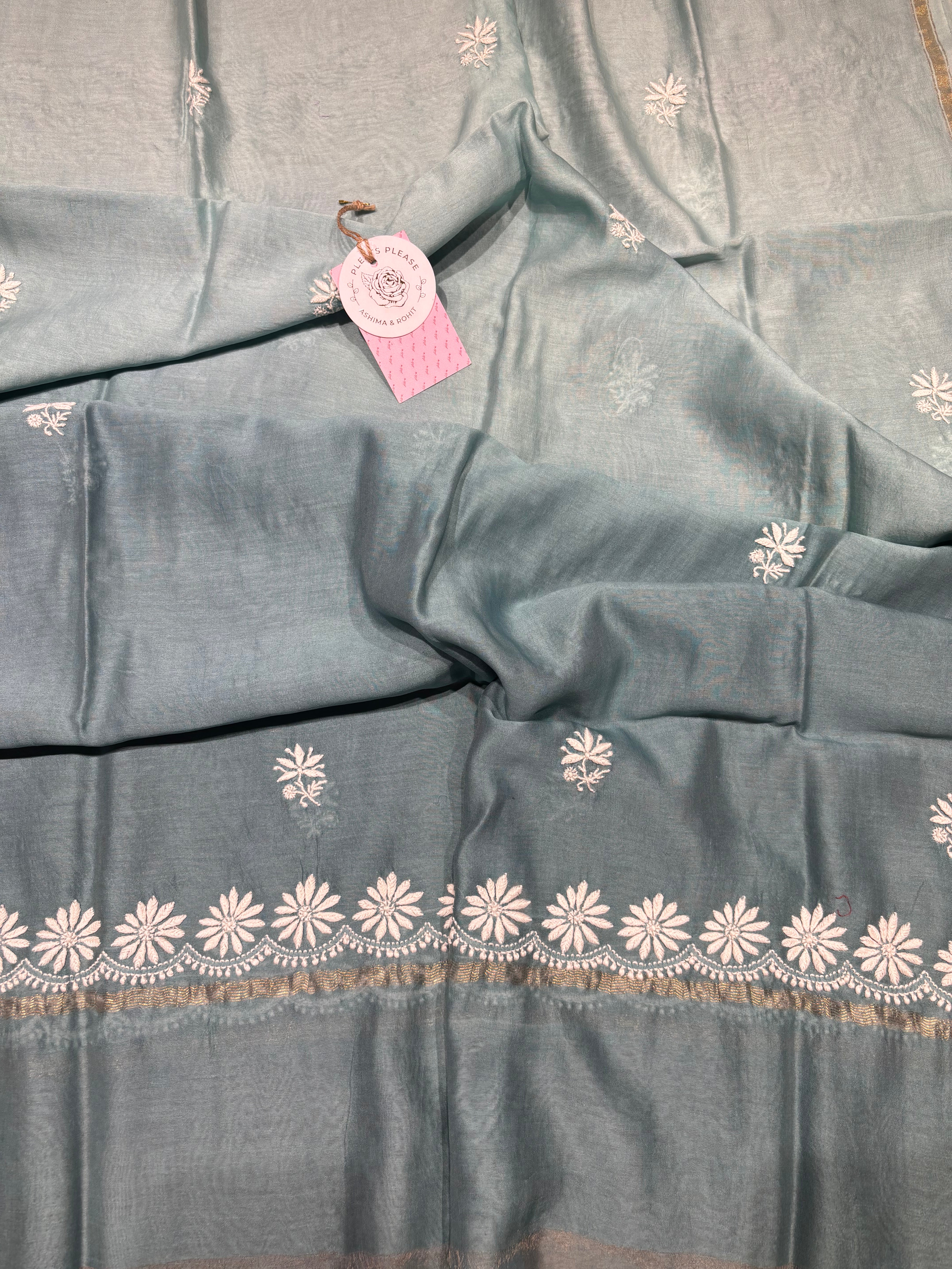 Aqua Blue Chanderi Silk Chikankari Anarkali & Dupatta Set