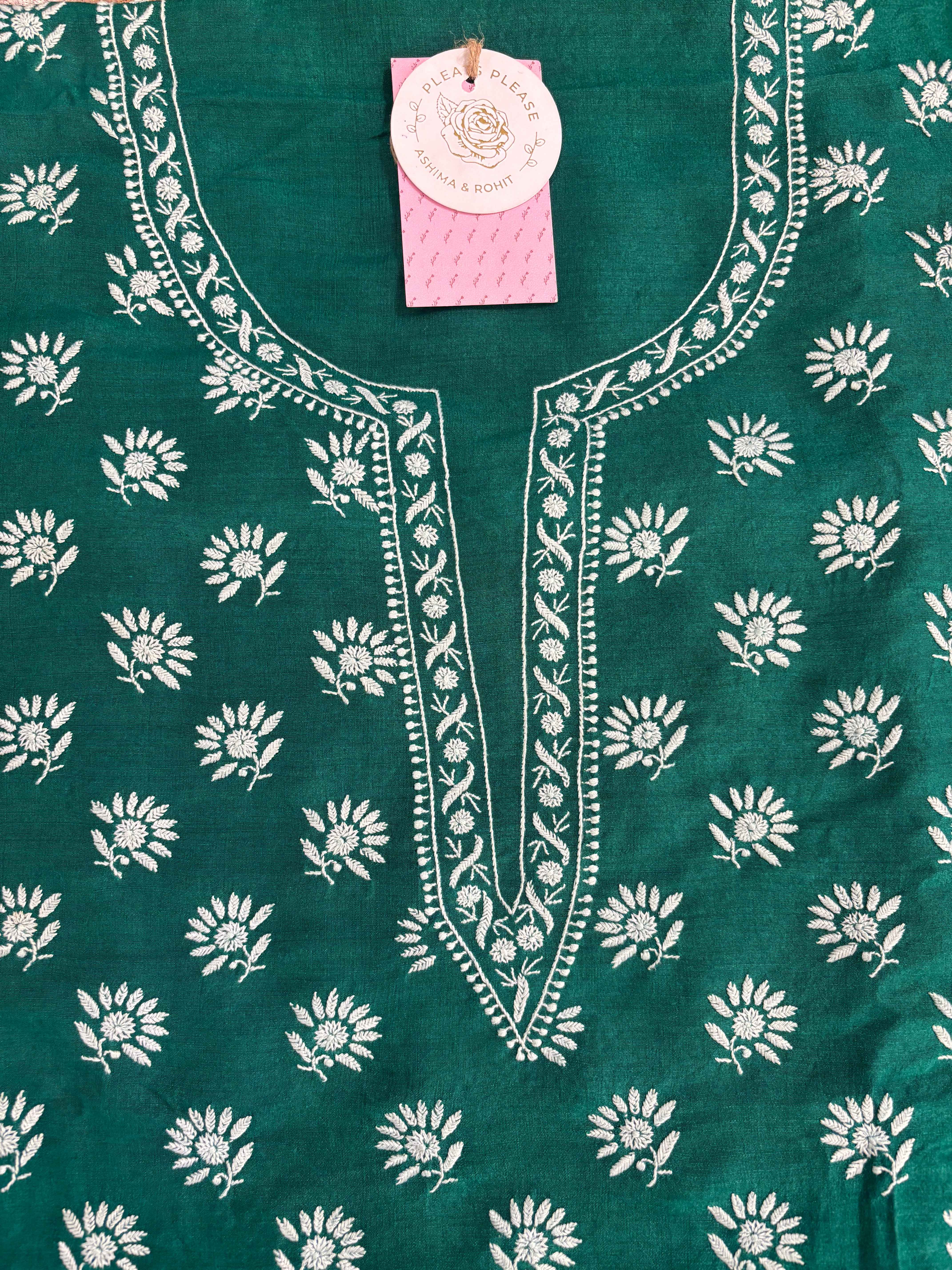 Emerald Green Monga Silk Chikankari Kurta & Dupatta