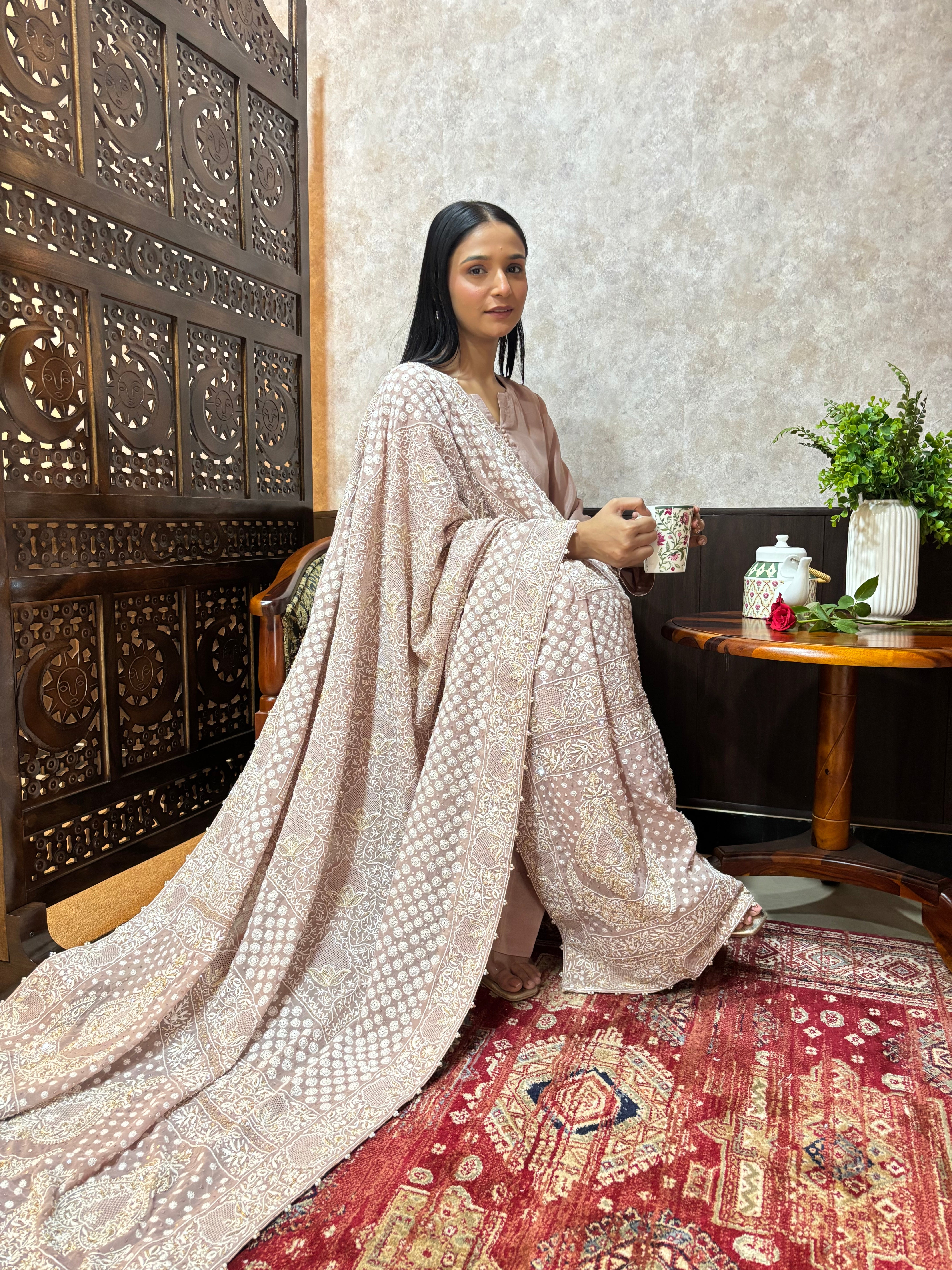 Dusty Rose Gold Pure and Premium Silk kurta and Bottom Georgette Chikankari Dupatta Set