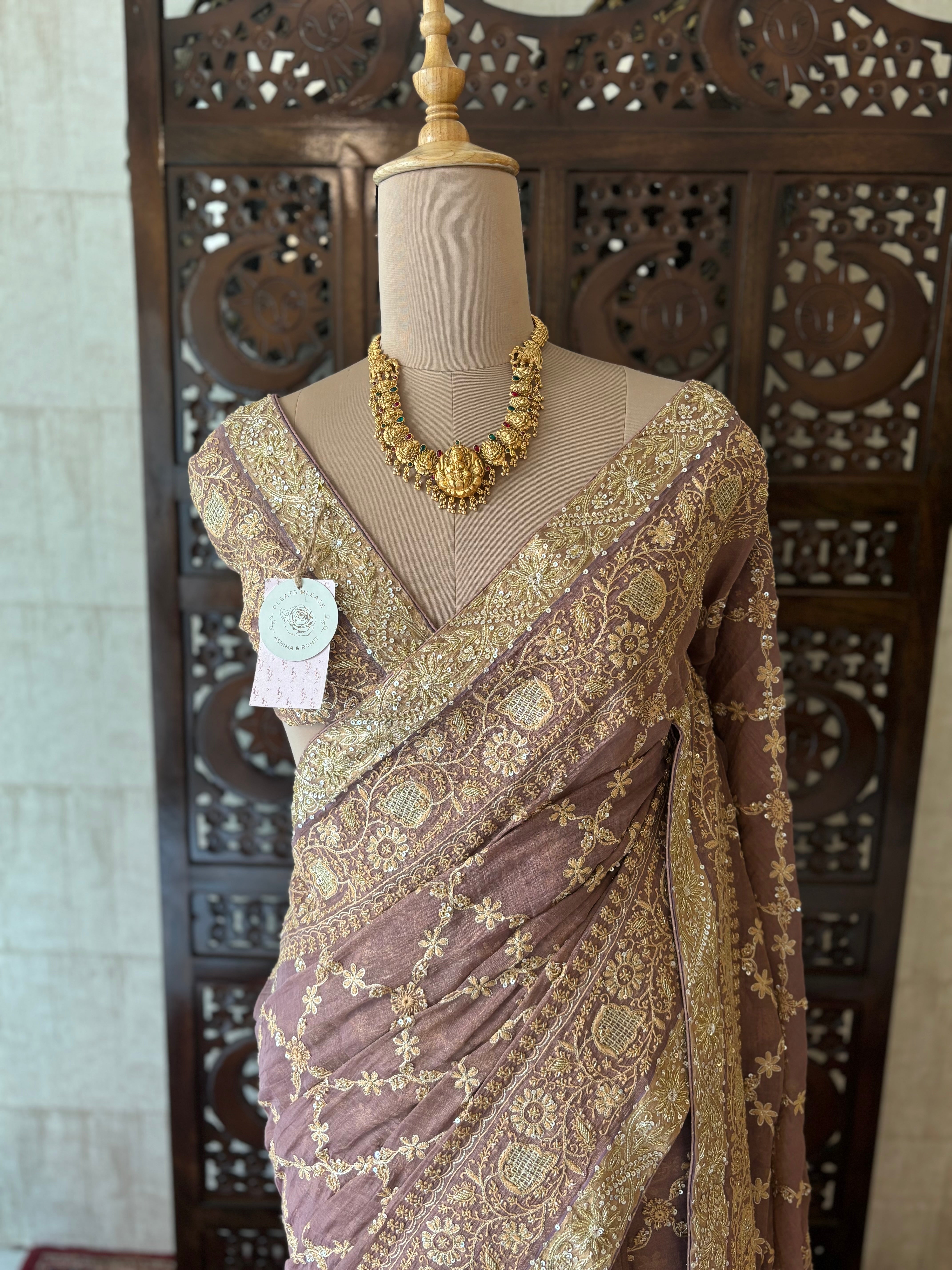 Garnet Pure & Premium Tissue Chikankari Saree and Blouse