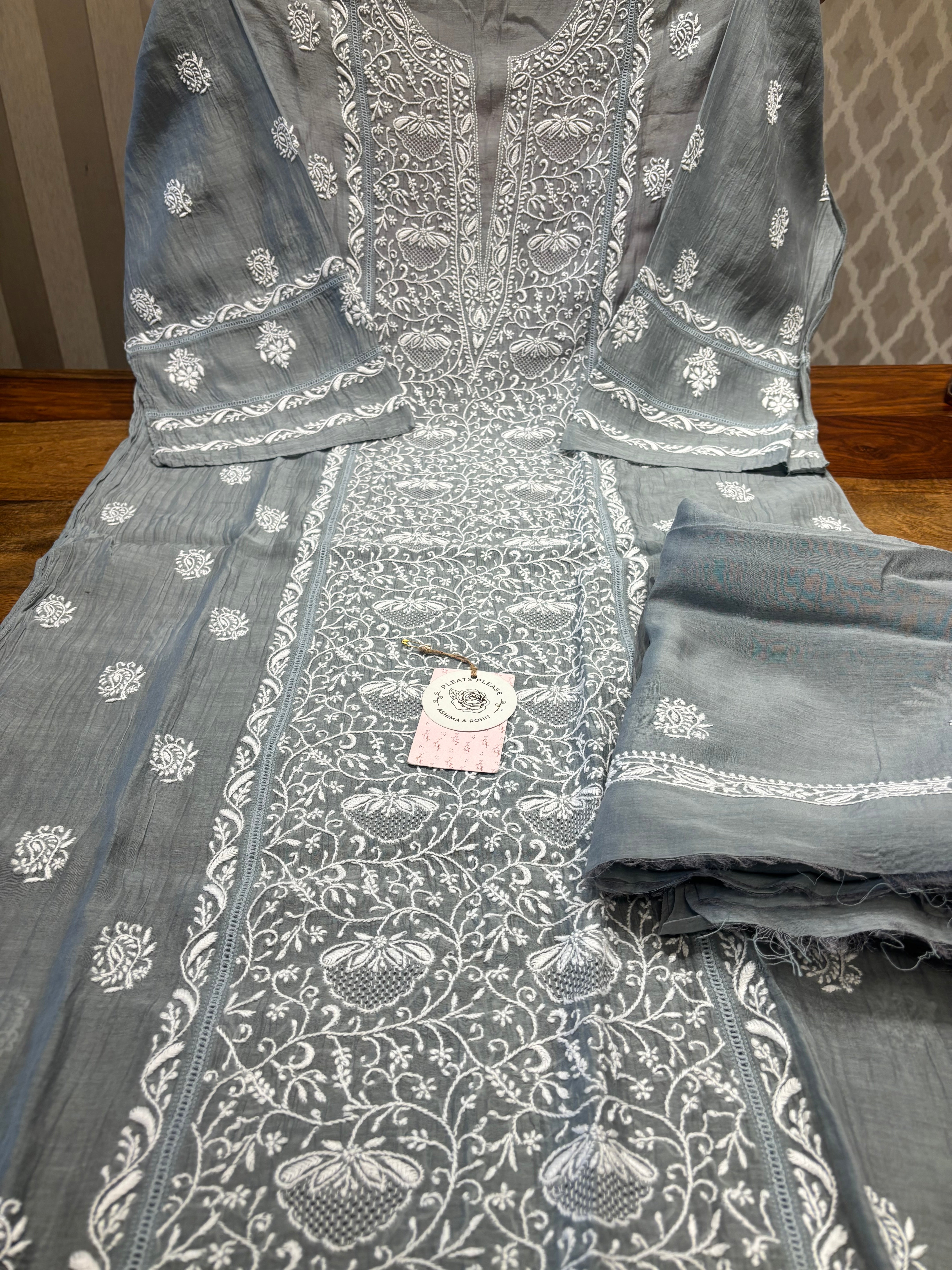 Gray Chanderi Mul Only Chikankari Kurta and Dupatta
