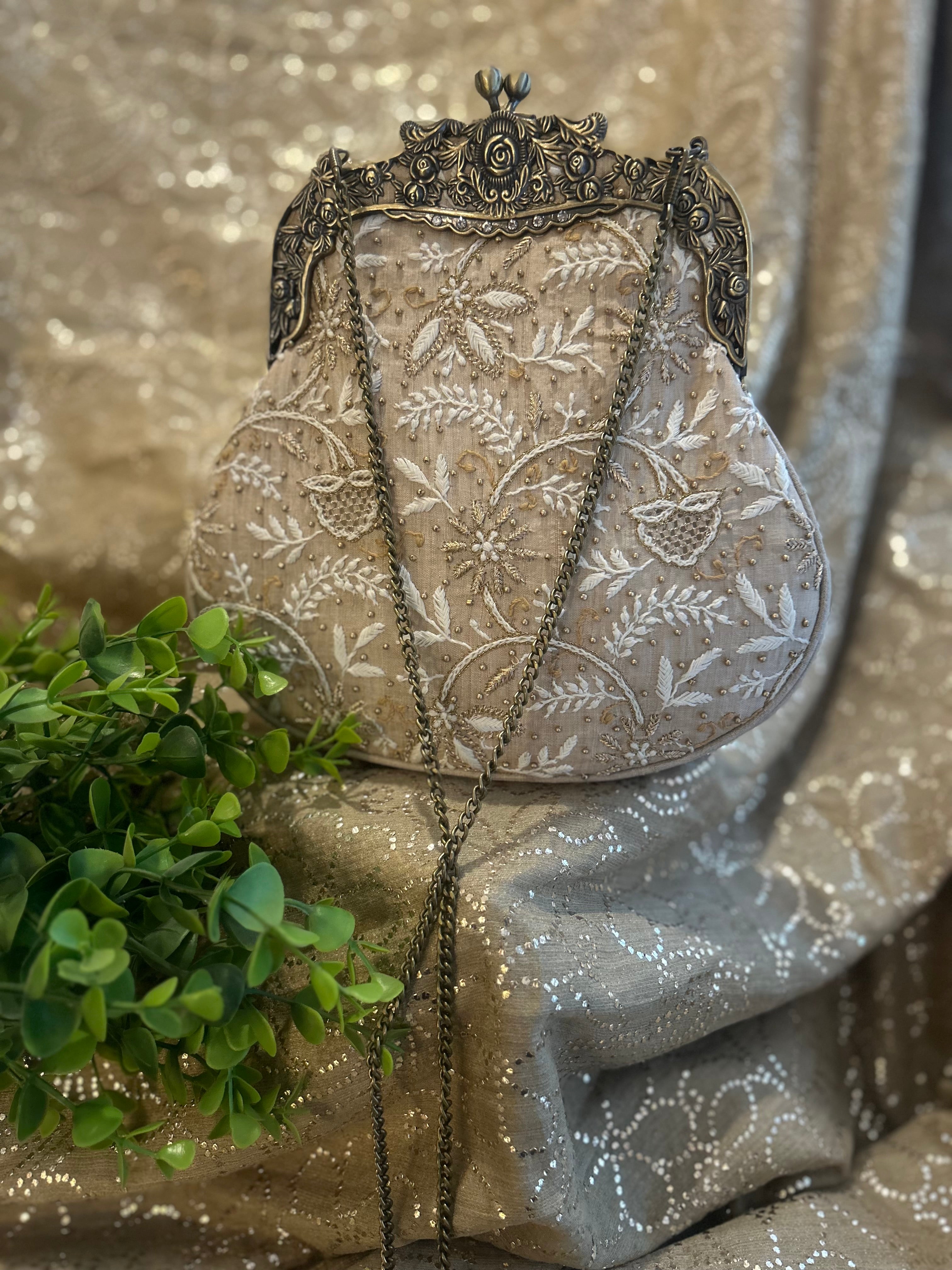 Beige Chikankari Clutch Bag