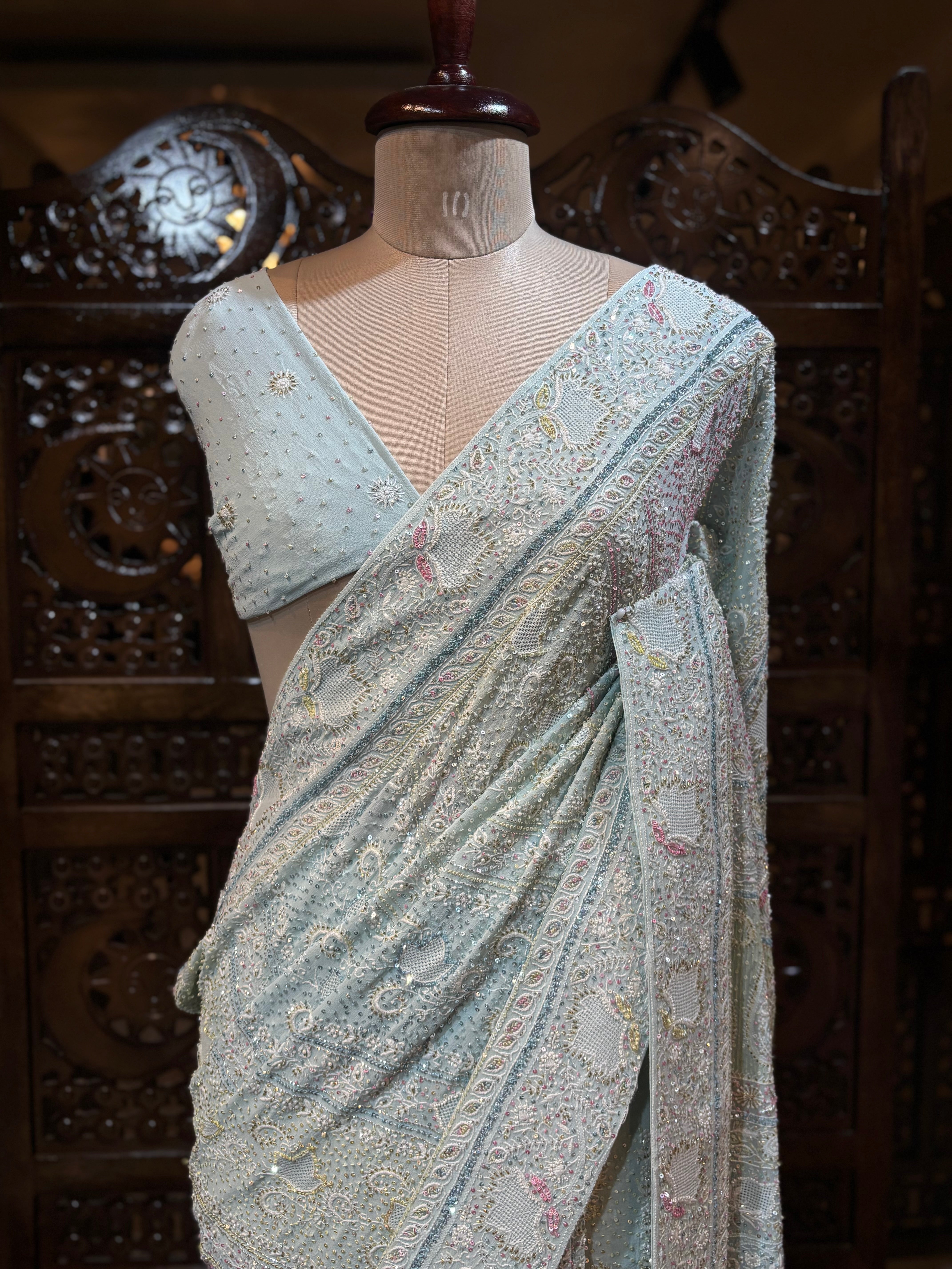 Aqua Blue Pure & Premium Georgette Chikankari Saree & Blouse - Pleats PleaseChikankari