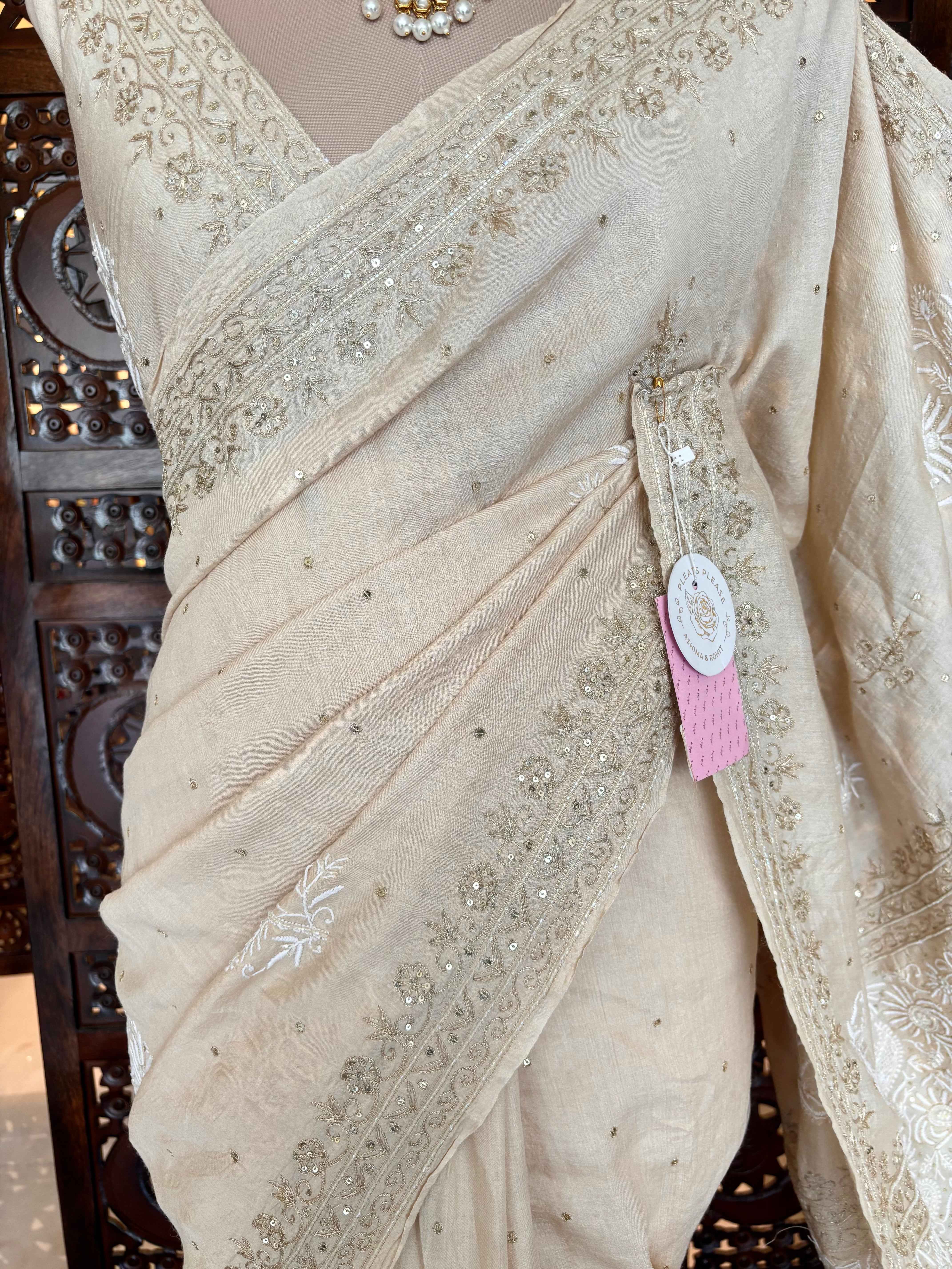 Dyeable Monga Silk Chikankari Saree