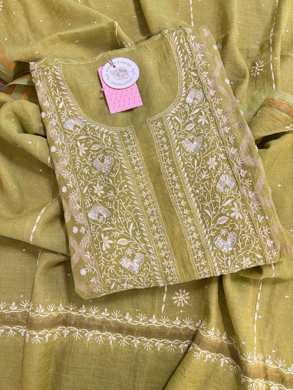 Bright Green Tissue Chanderi Chikankari Kurta & Dupatta