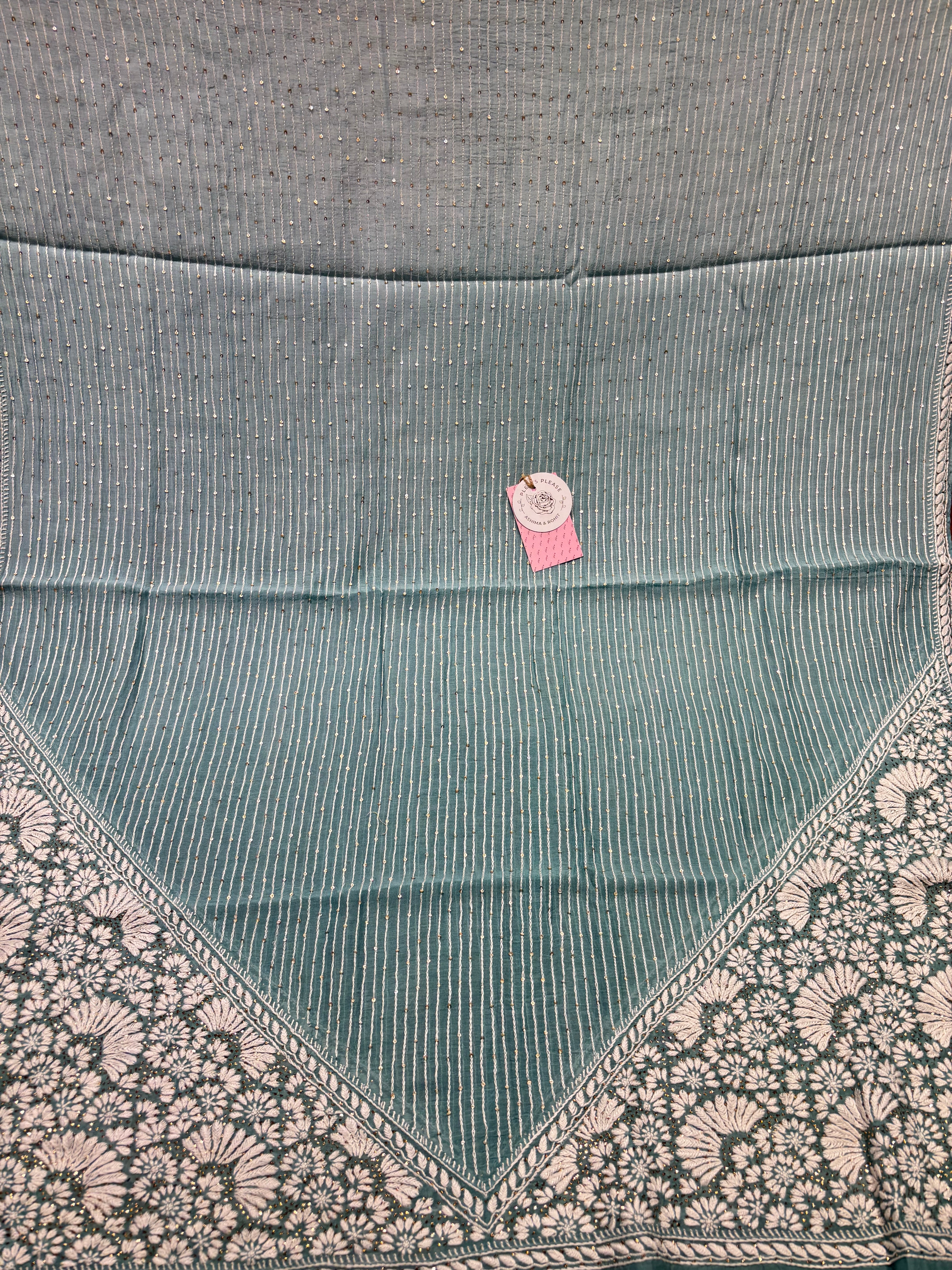 Sea foam Ombre Chanderi Mul Chikankari & Mukaish Kurta and Dupatta Set