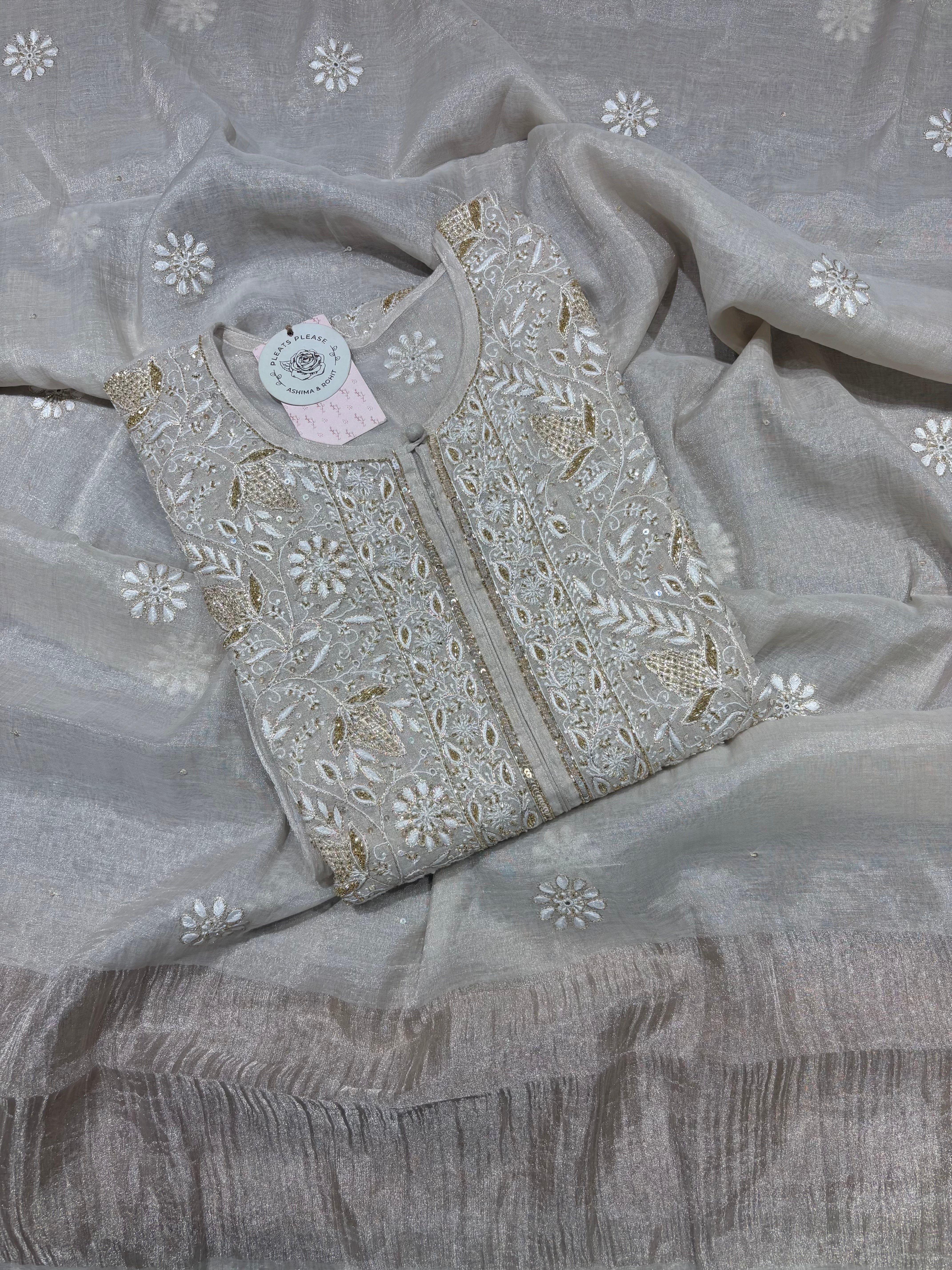 Dyeable Pure & Premium Silver Tissue Chikankari Kurta & Dupatta Set