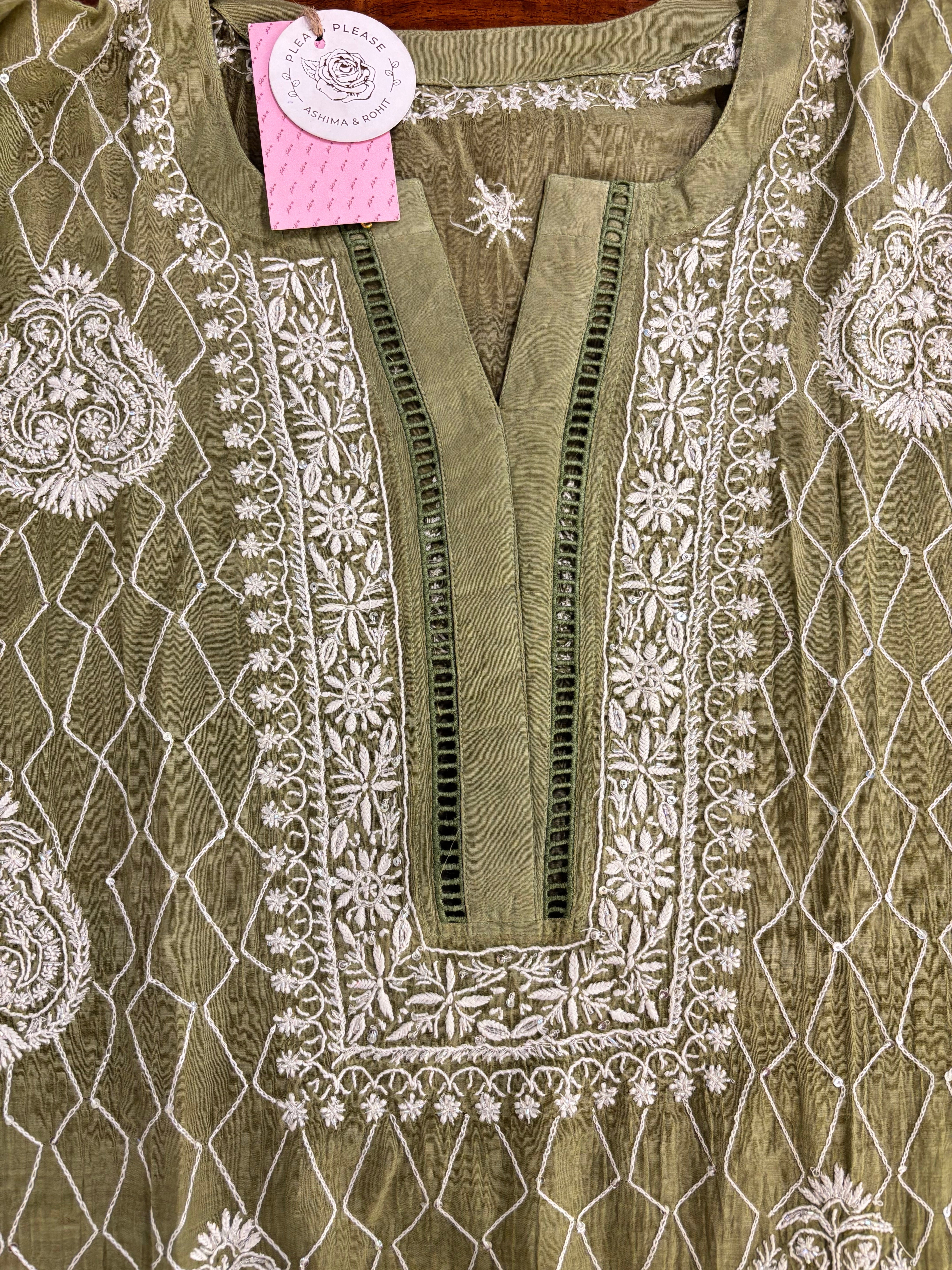 Olive Green Chanderi Mul Chikankari Kurta & Dupatta