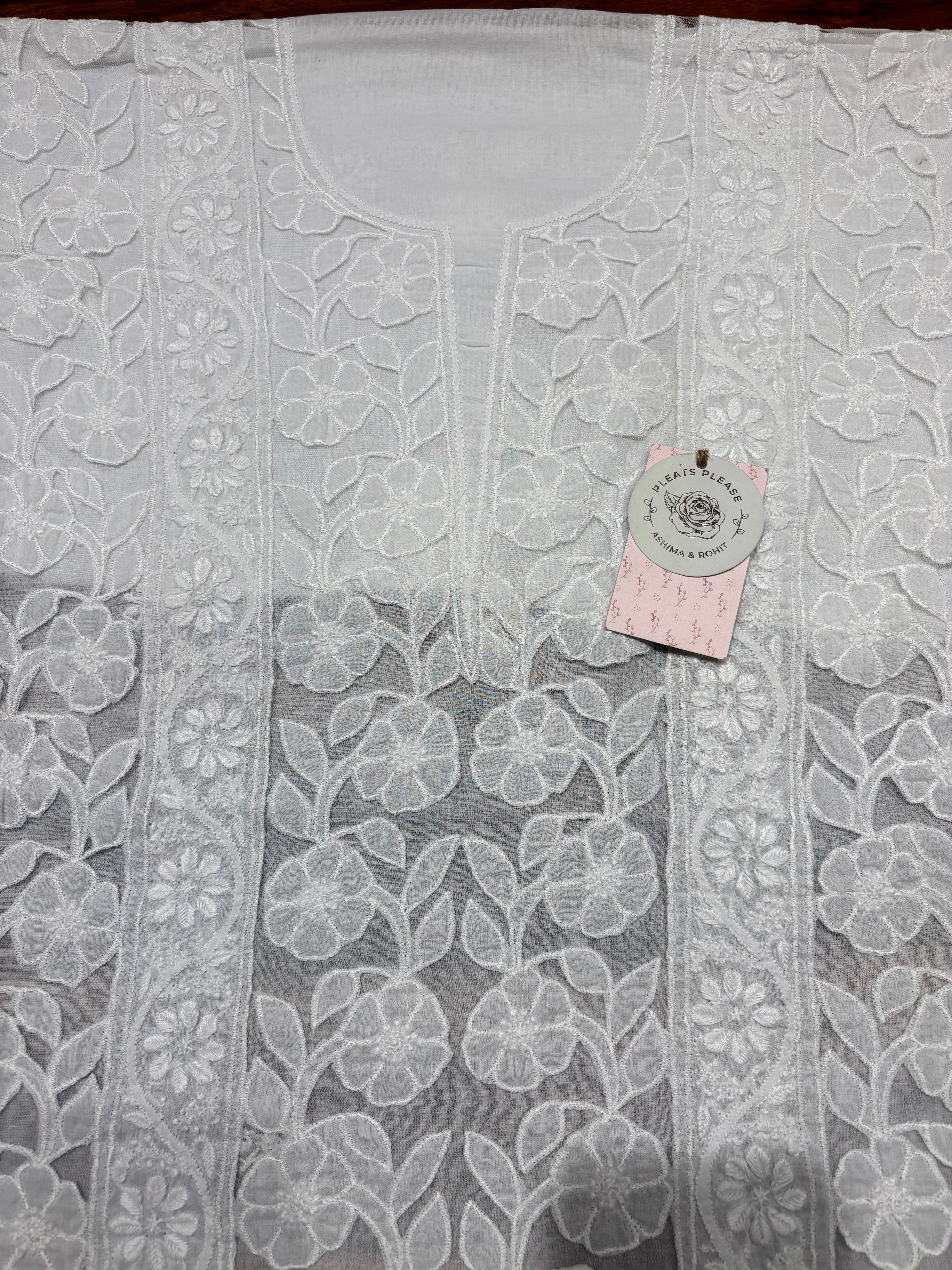 White Mulmul Soft Net Chikankari Applique Kurta And Dupatta Fabric