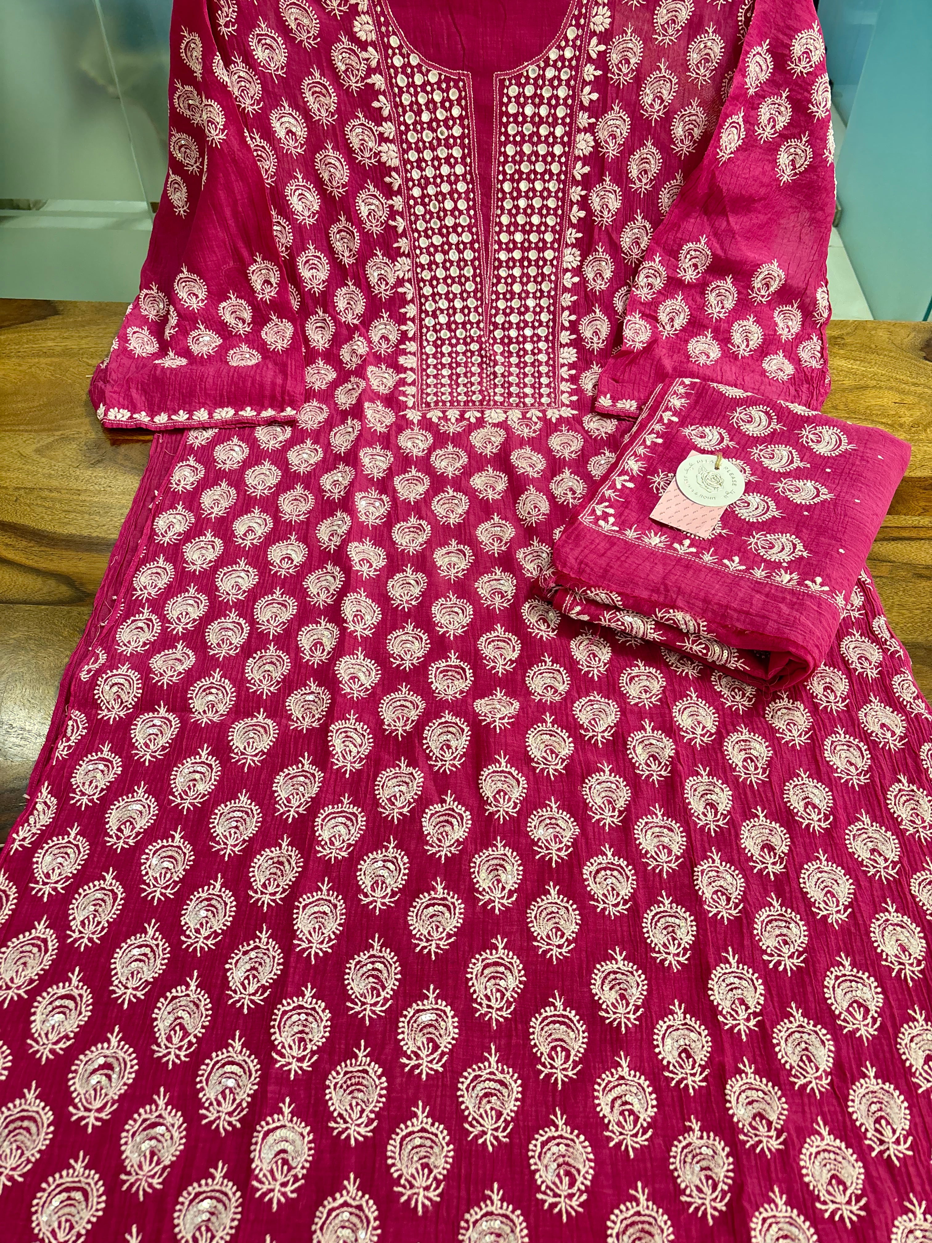 Magenta Chanderi Mul Chikankari Kurta & Dupatta