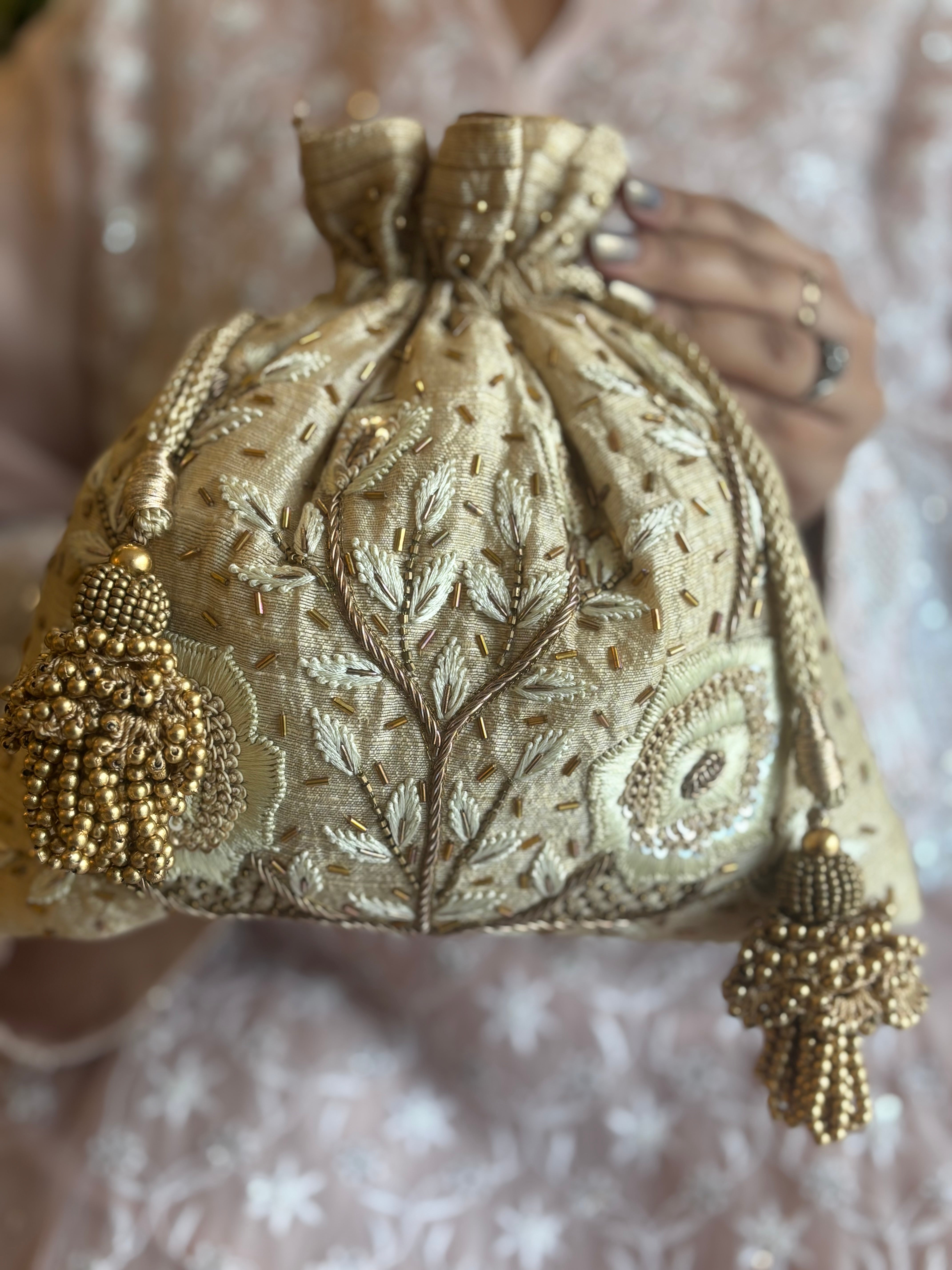 Golden Chikankari & Zardozi Potli