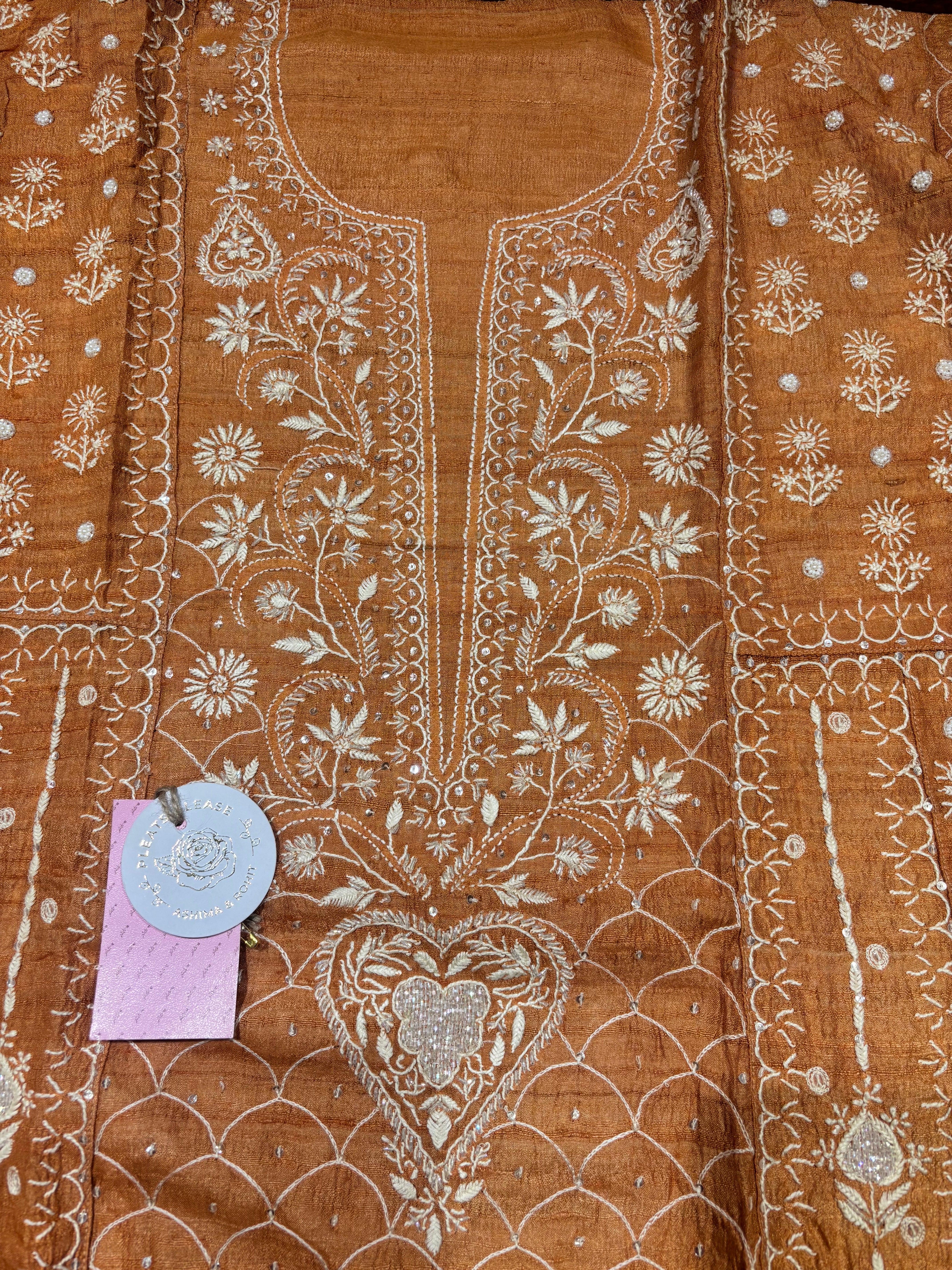 Burnt Orange Pure & Premium Tussar Silk Chikankari Anarkali & Dupatta Set