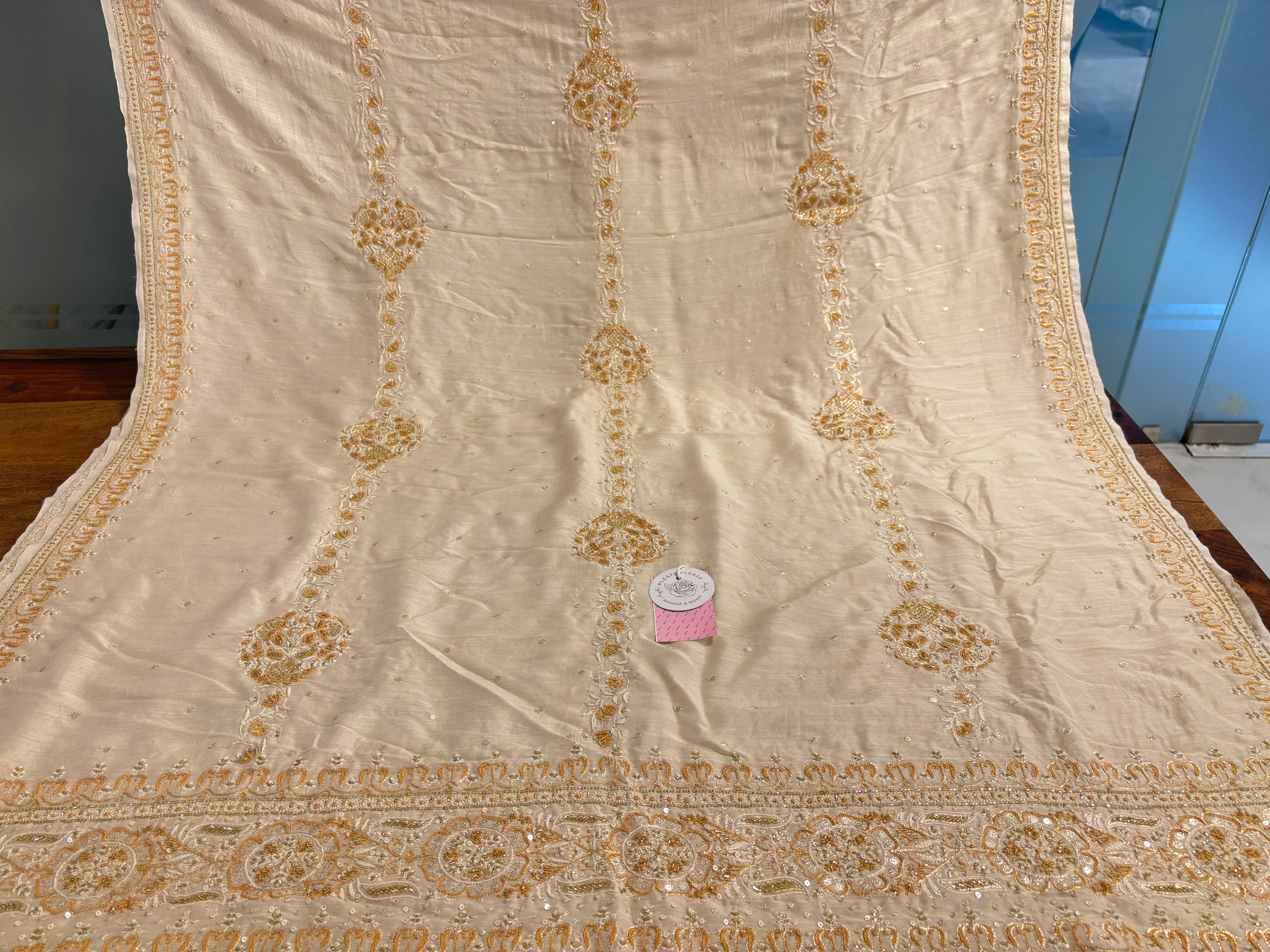 Dyeable Monga Silk A-Line Chikankari Kurta & Dupatta With Bottom