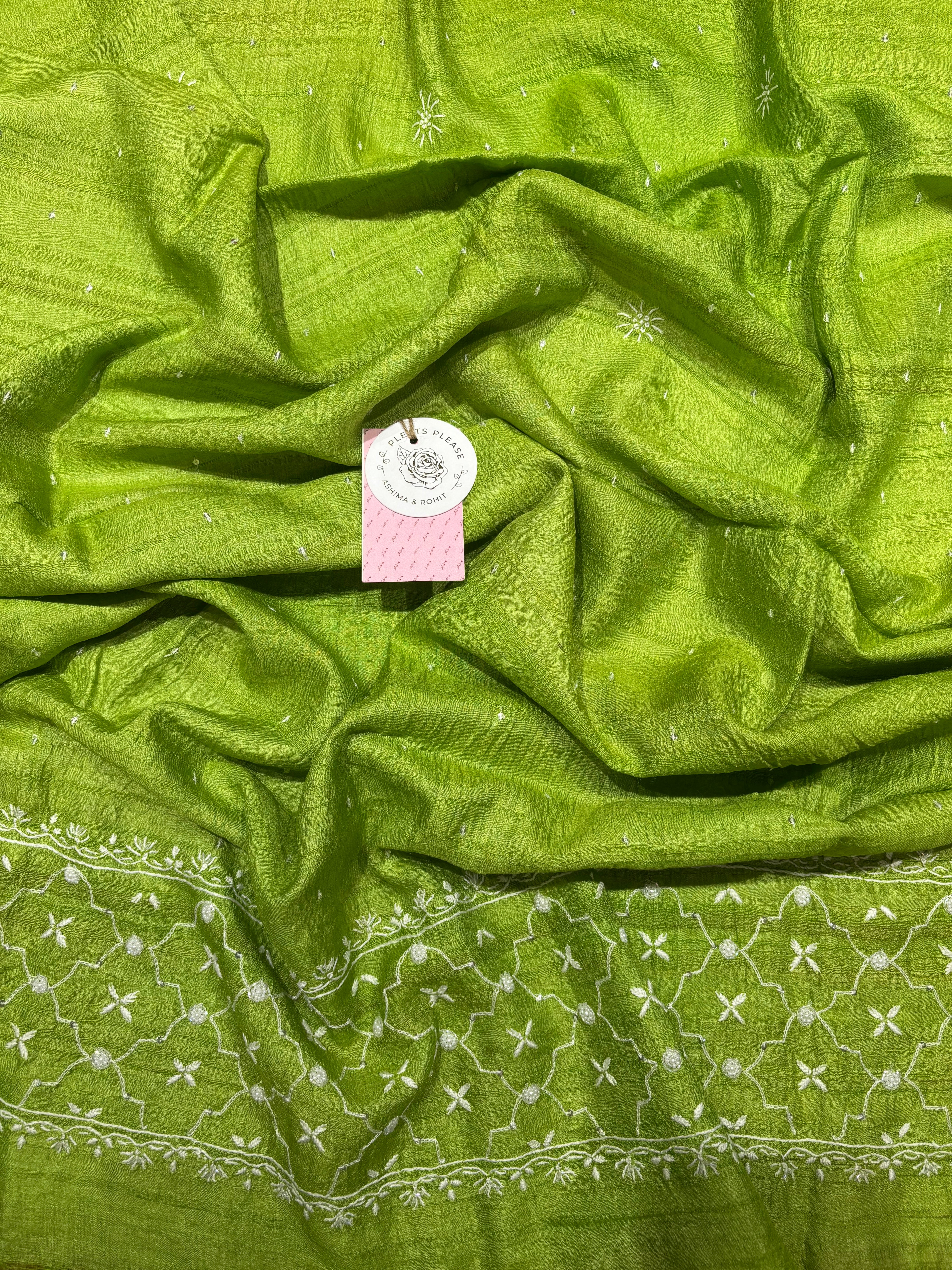 Green Tussar Silk Chikankari Anarkali and Dupatta Set