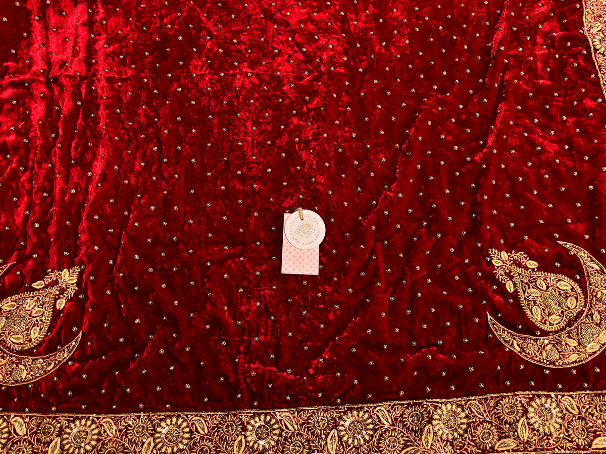 Red Velvet Chikankari Zardozi Embellished Shawl