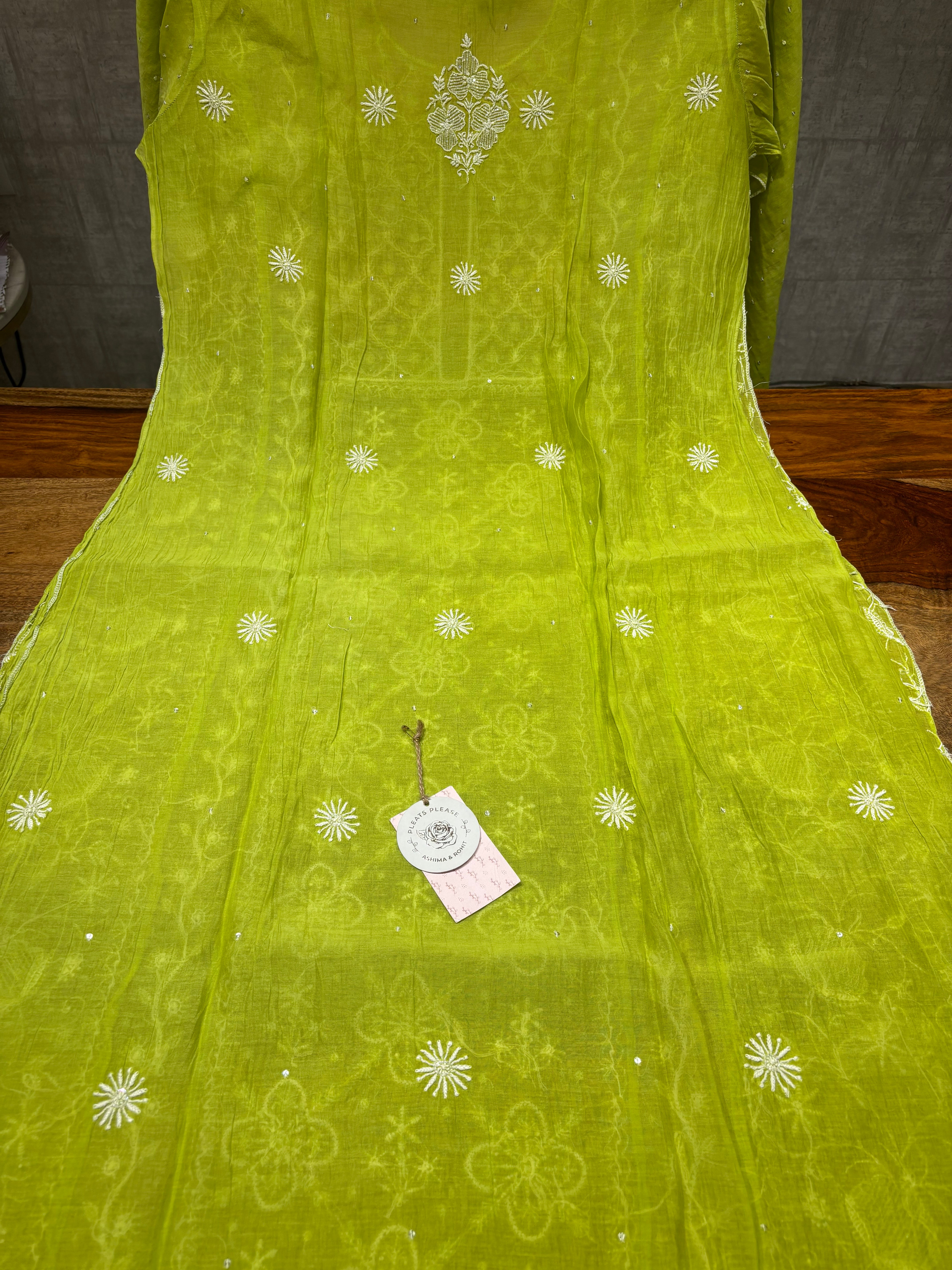 Green Chanderi Mul Chikankari Kalidar Kurta and Dupatta set