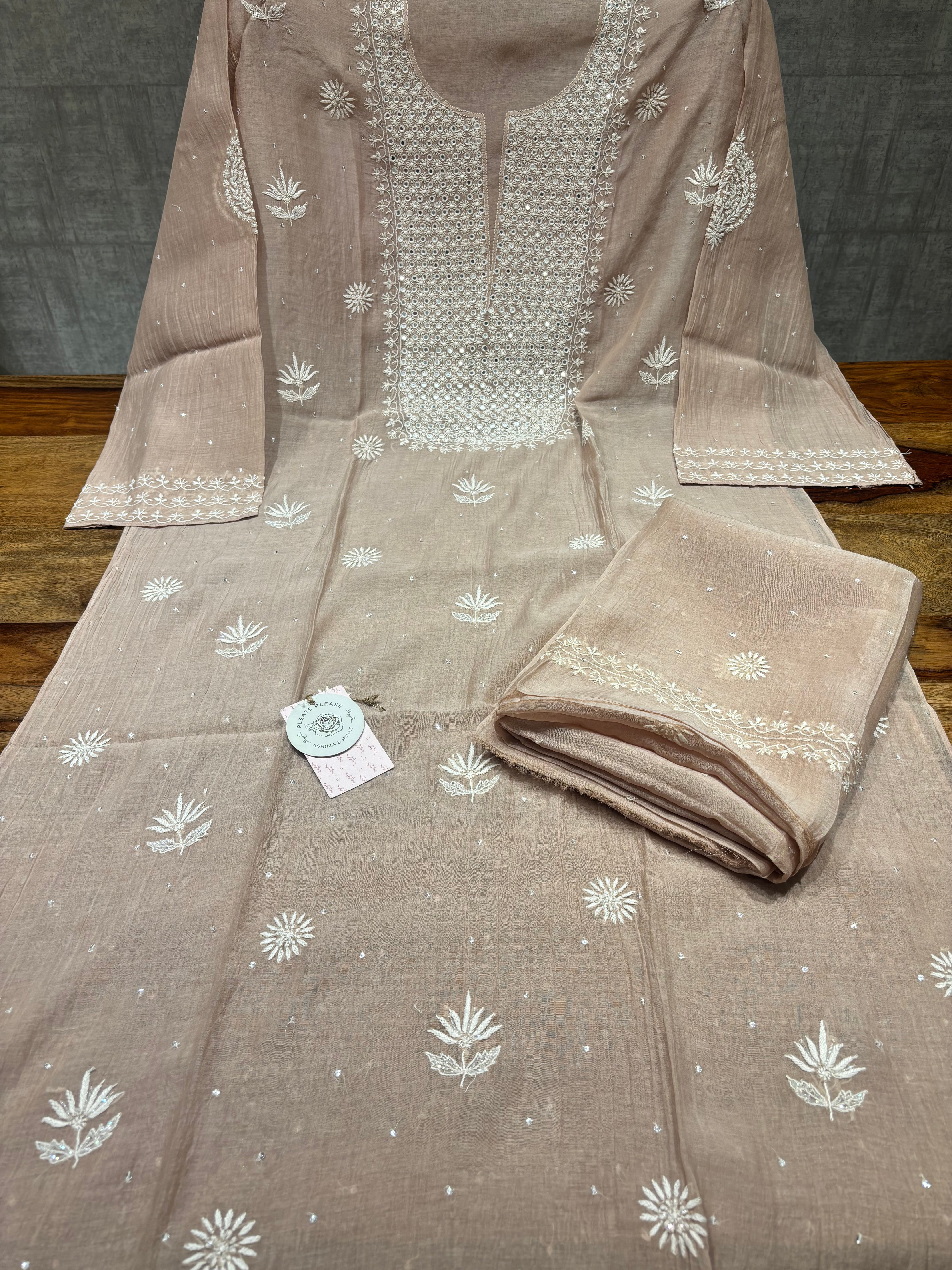 Dusty Peach Chanderi Mul Chikankari Kurta & Dupatta Set