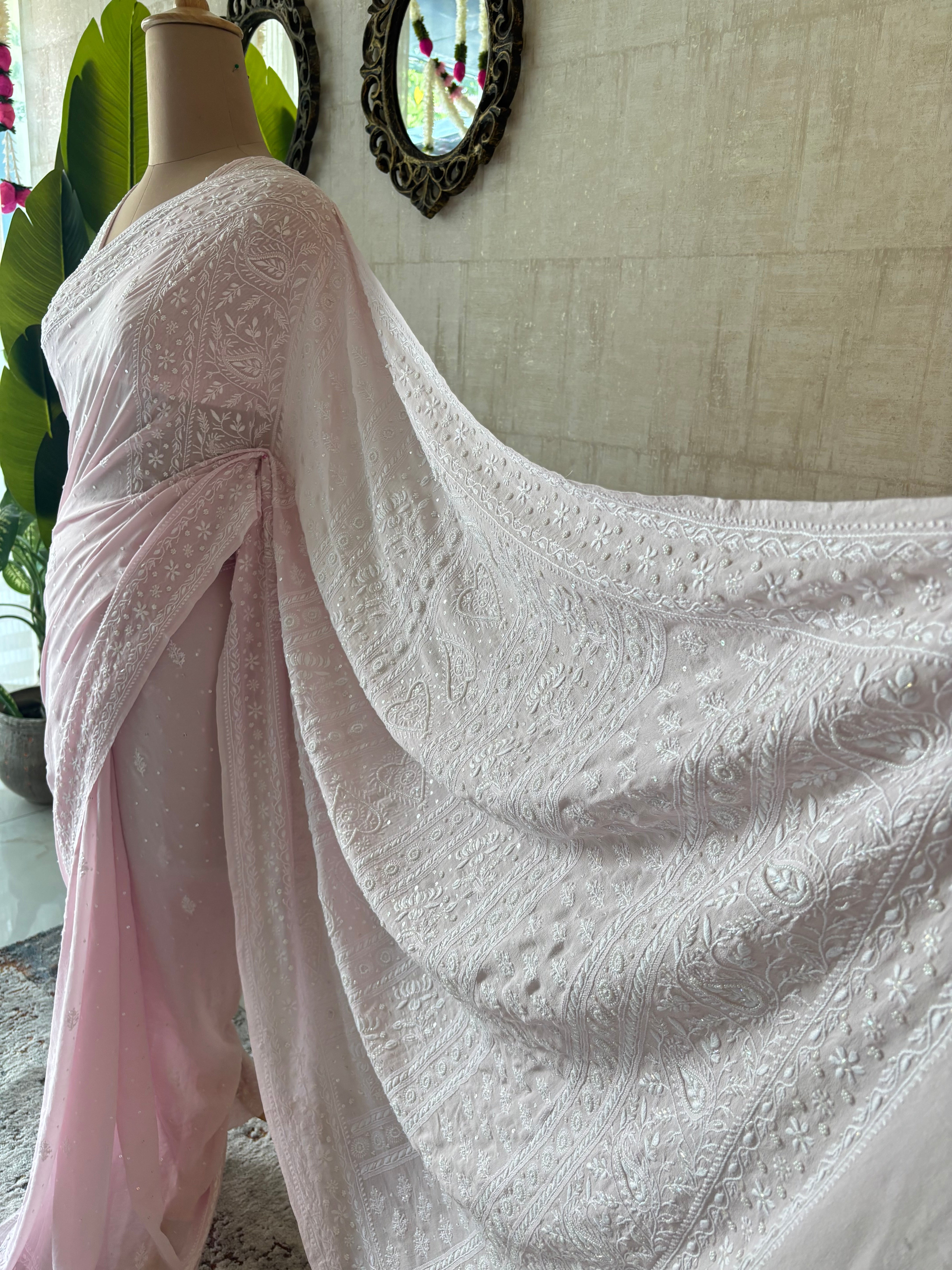 Pink Pure & Premium Georgette Chikankari Saree & Blouse