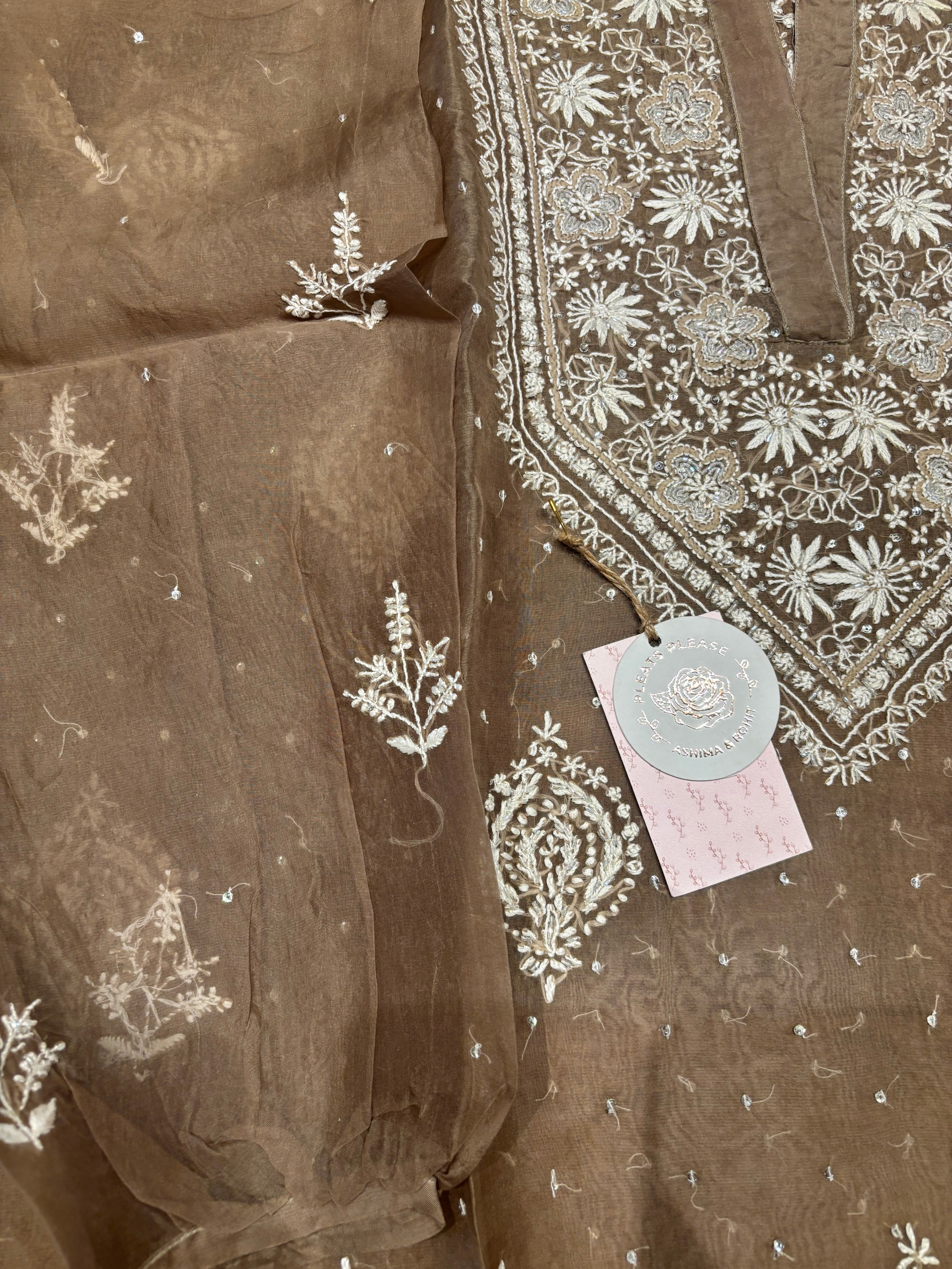 Brown Organza silk Chikankari Co-ord