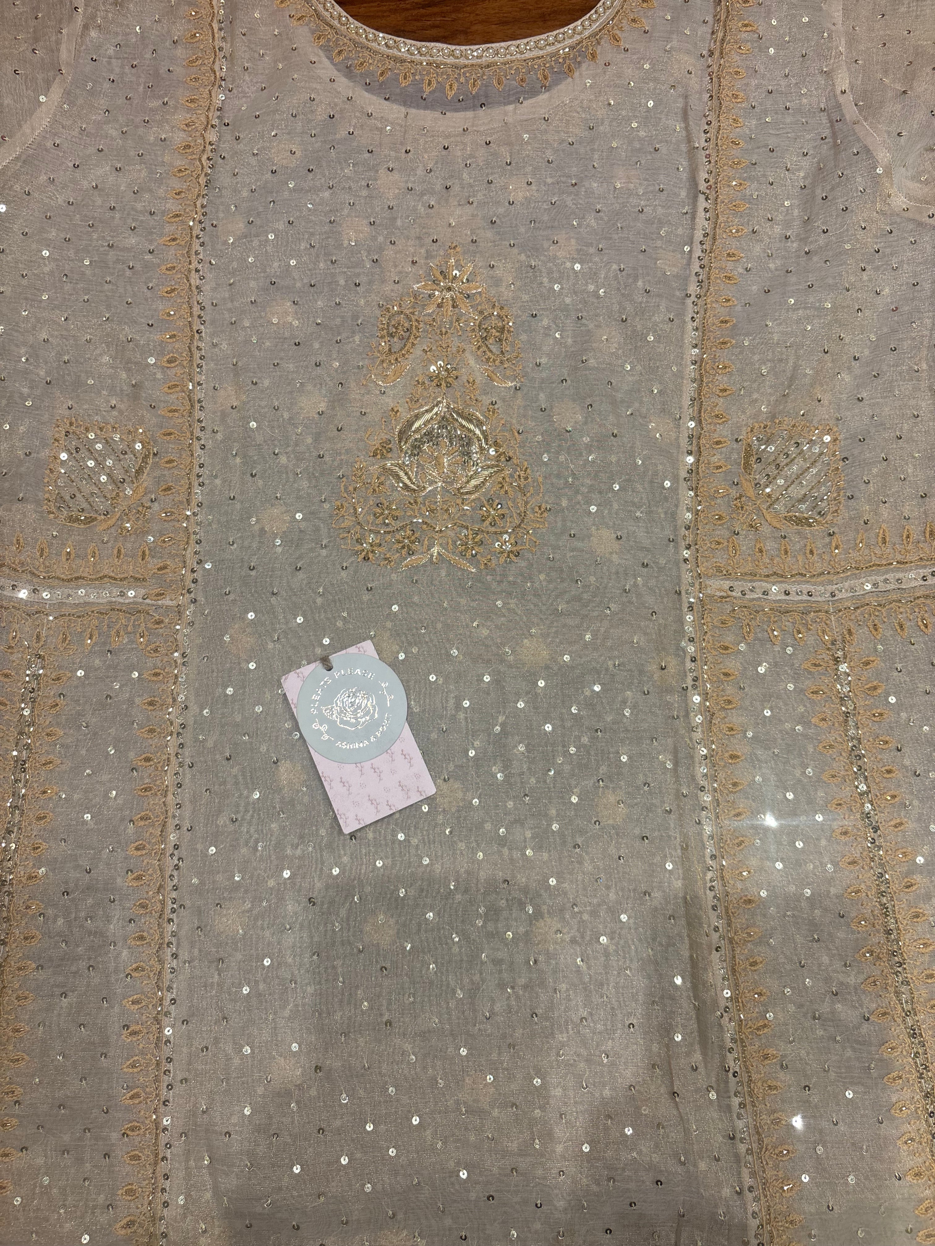 Dyeable Pure Gold Tissue Chikankari A-line Anarkali and Dupatta