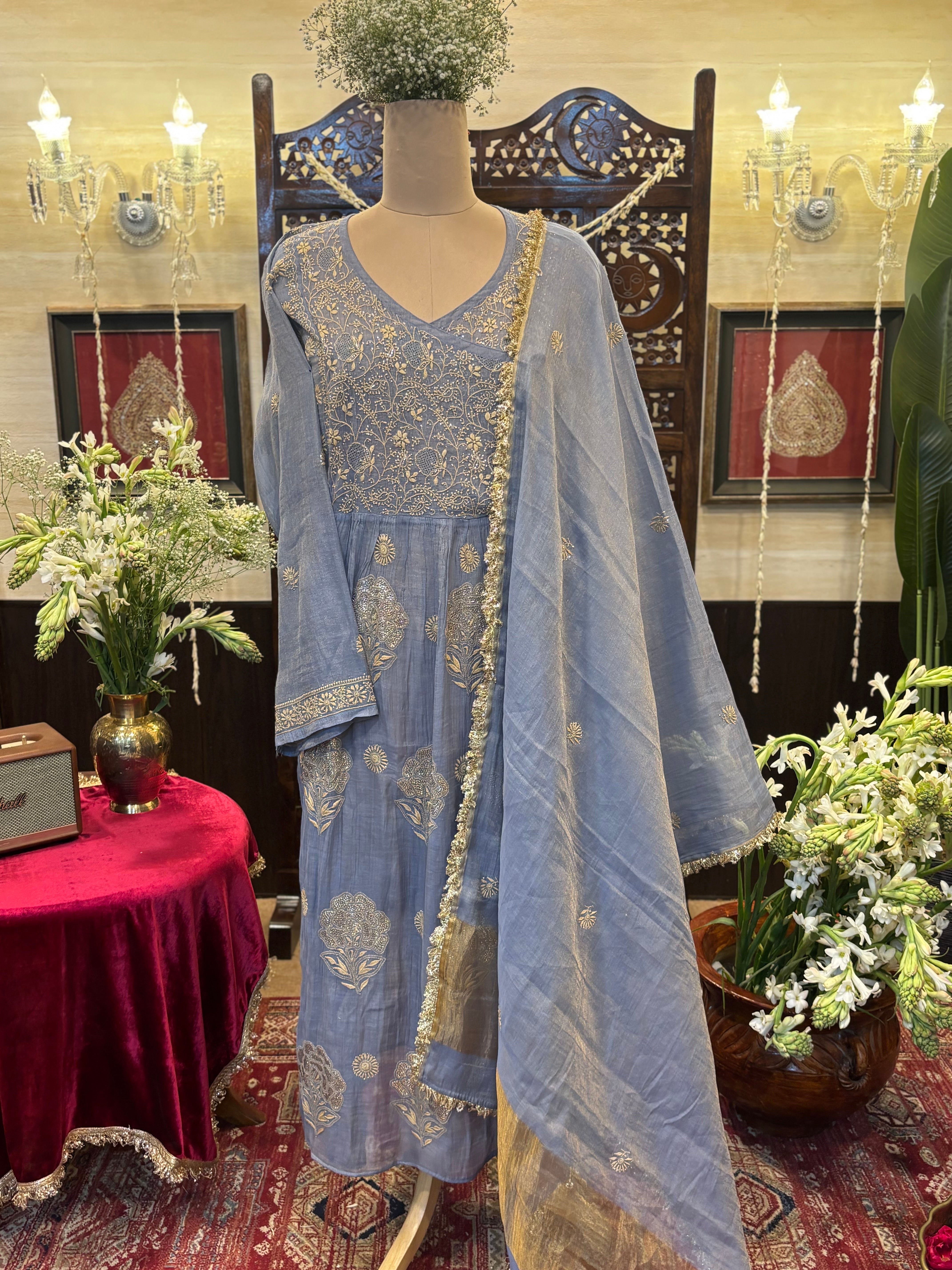 Blue Pure and Premium Tissue Chikankari & Mukaish Angrakha Kurta and Dupatta Set