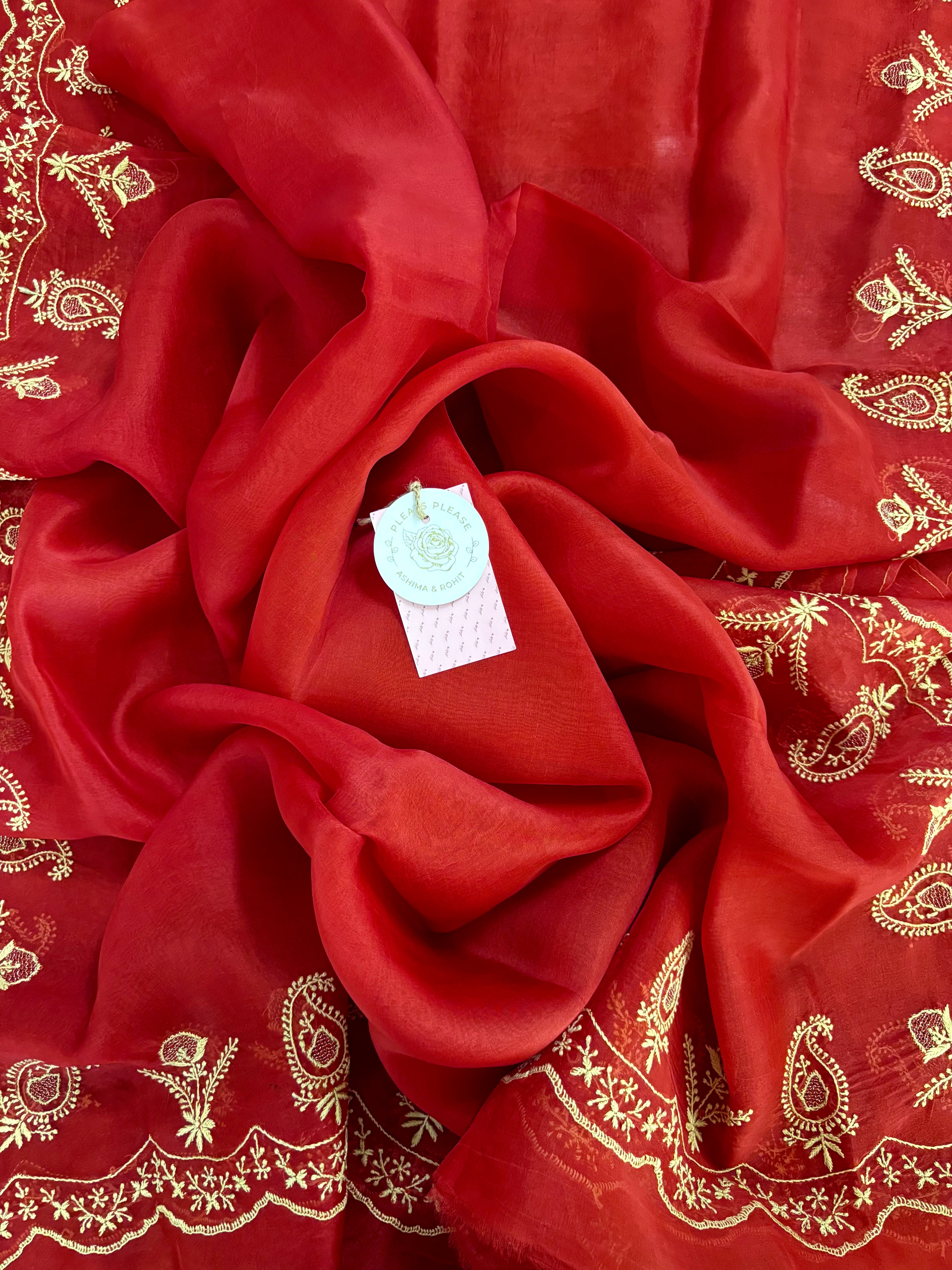 Crimson Red Chanderi Silk Chikankari Kurta,Bottom With Organza Dupatta