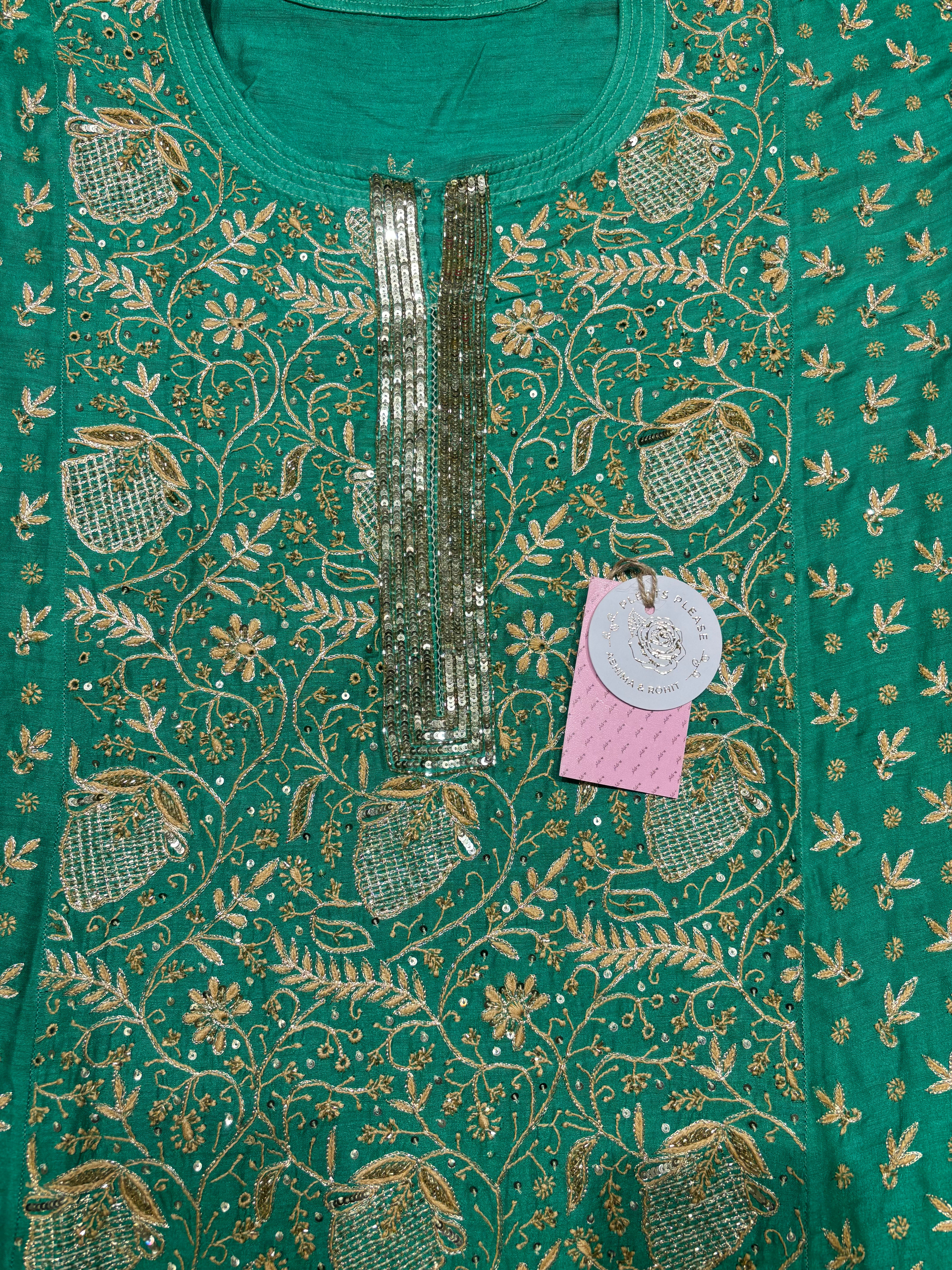 Green Monga Silk Chikankari Kurta and Dupatta