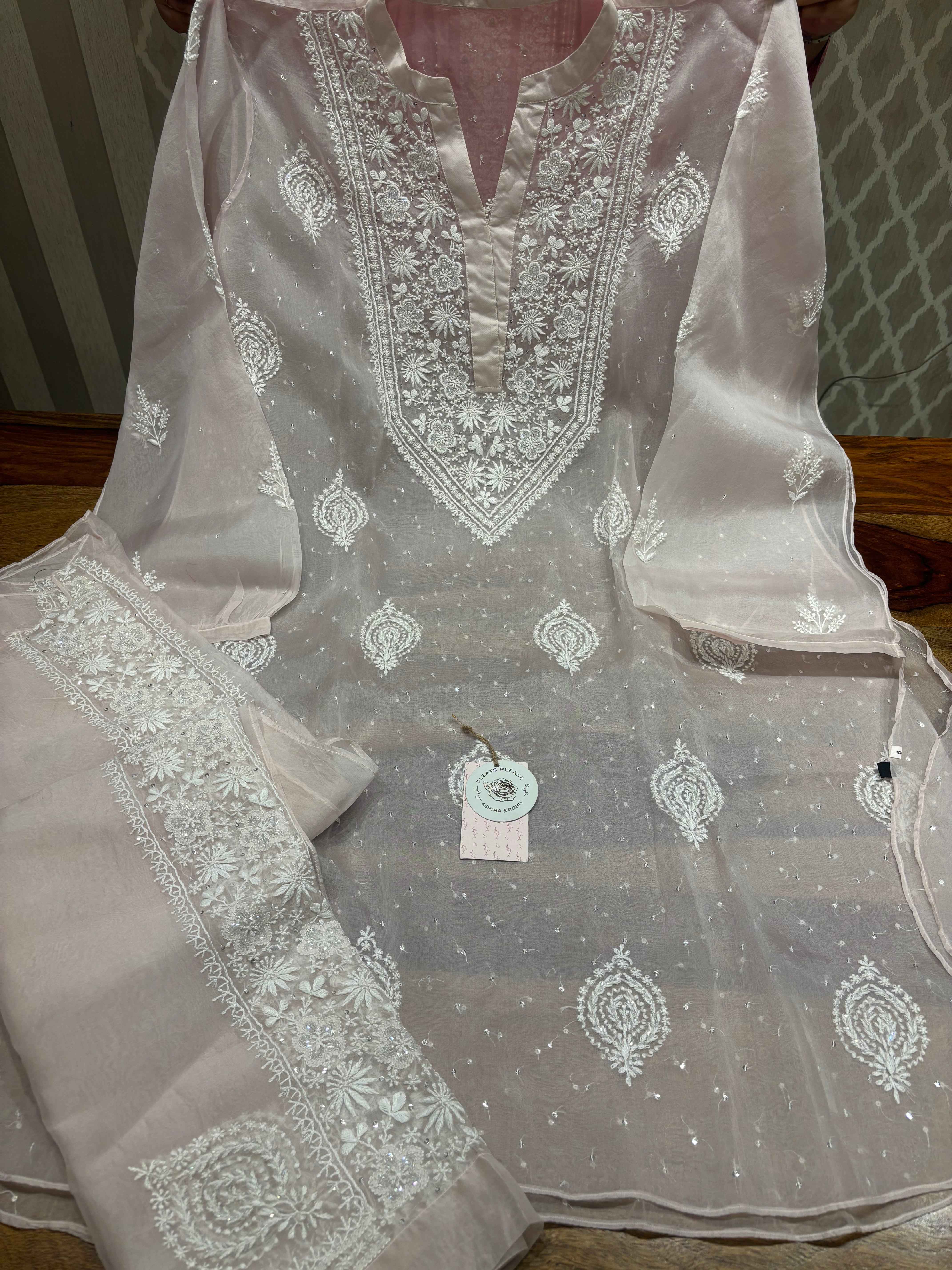 Soft Pink Organza Chikankari Co-ord Set - Pleats PleaseChikankari