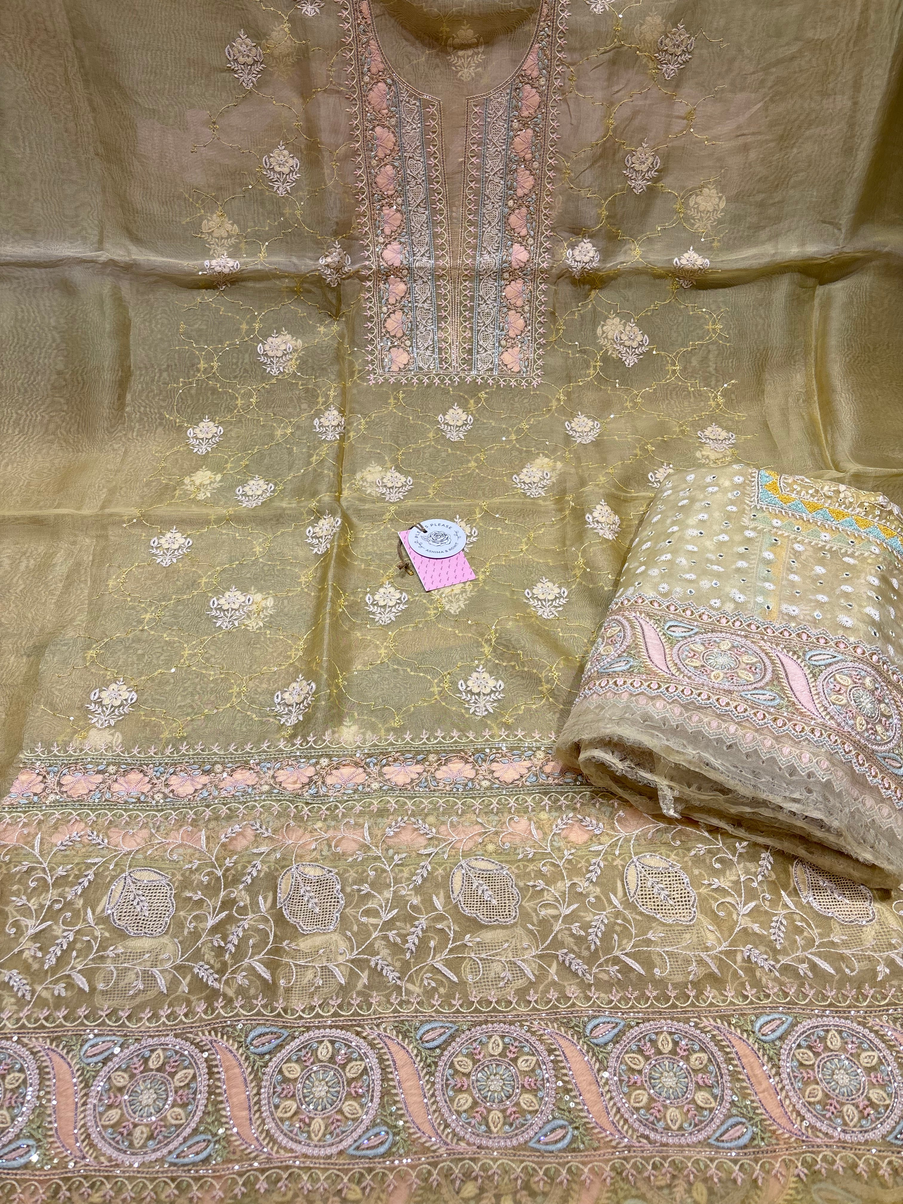 Butter Yellow Pure & Premium Organza Silk Chikankari Kurta & Dupatta Set