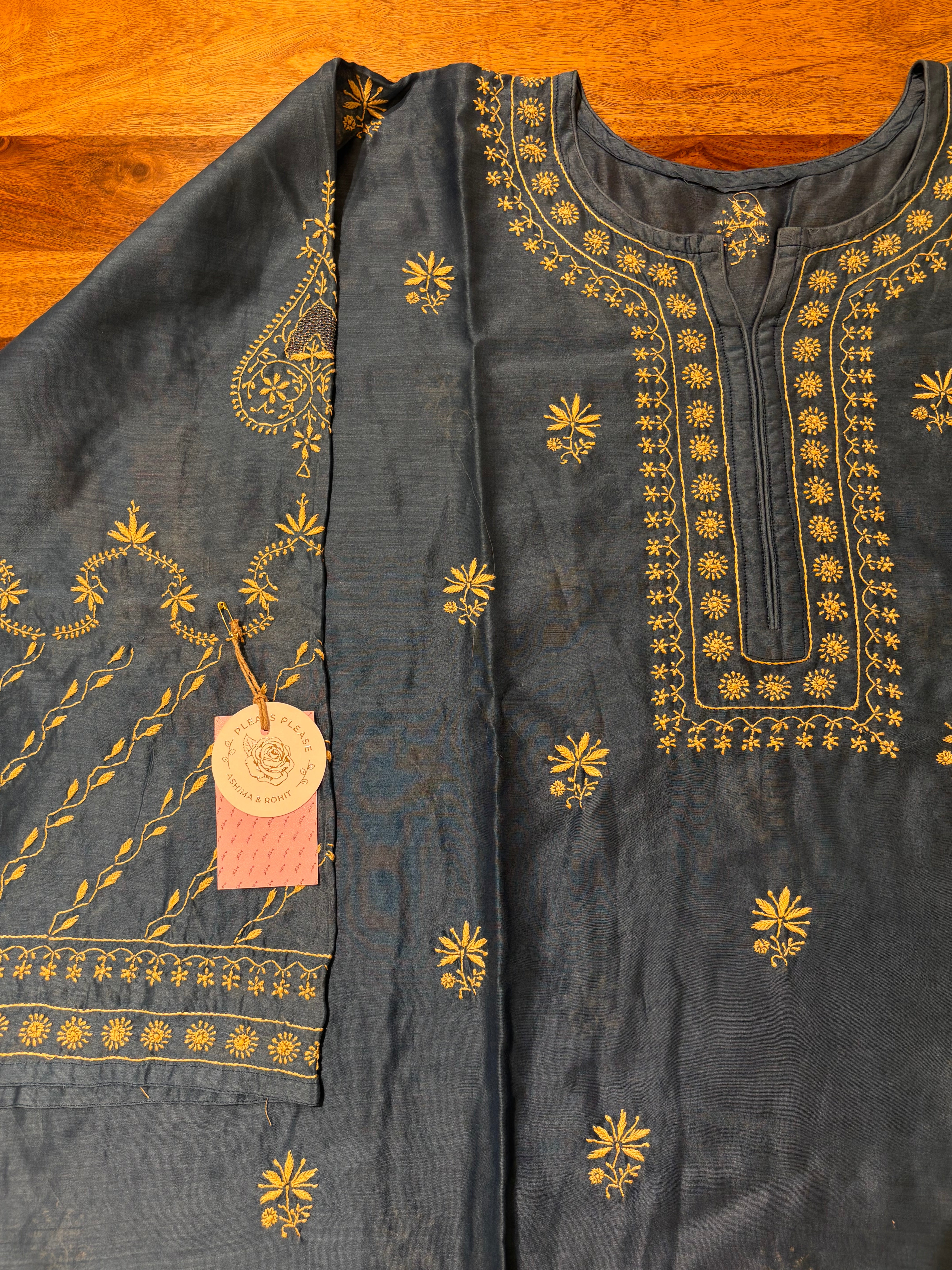 Steel Blue Chanderi Silk Chikankari Kurta & Organza Dupatta With Bottom
