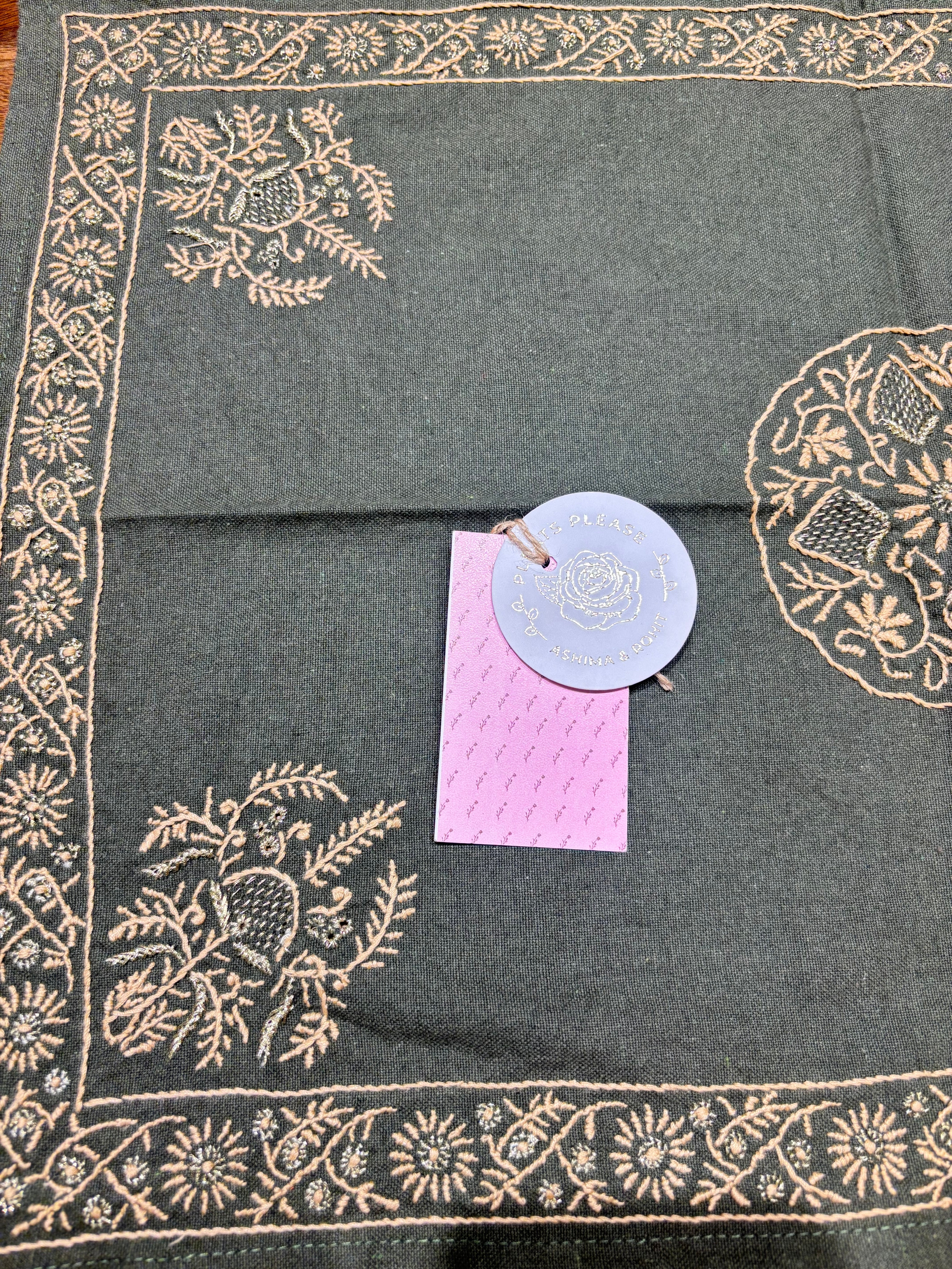 Olive Green Linen Cotton Chikankari Table Mat