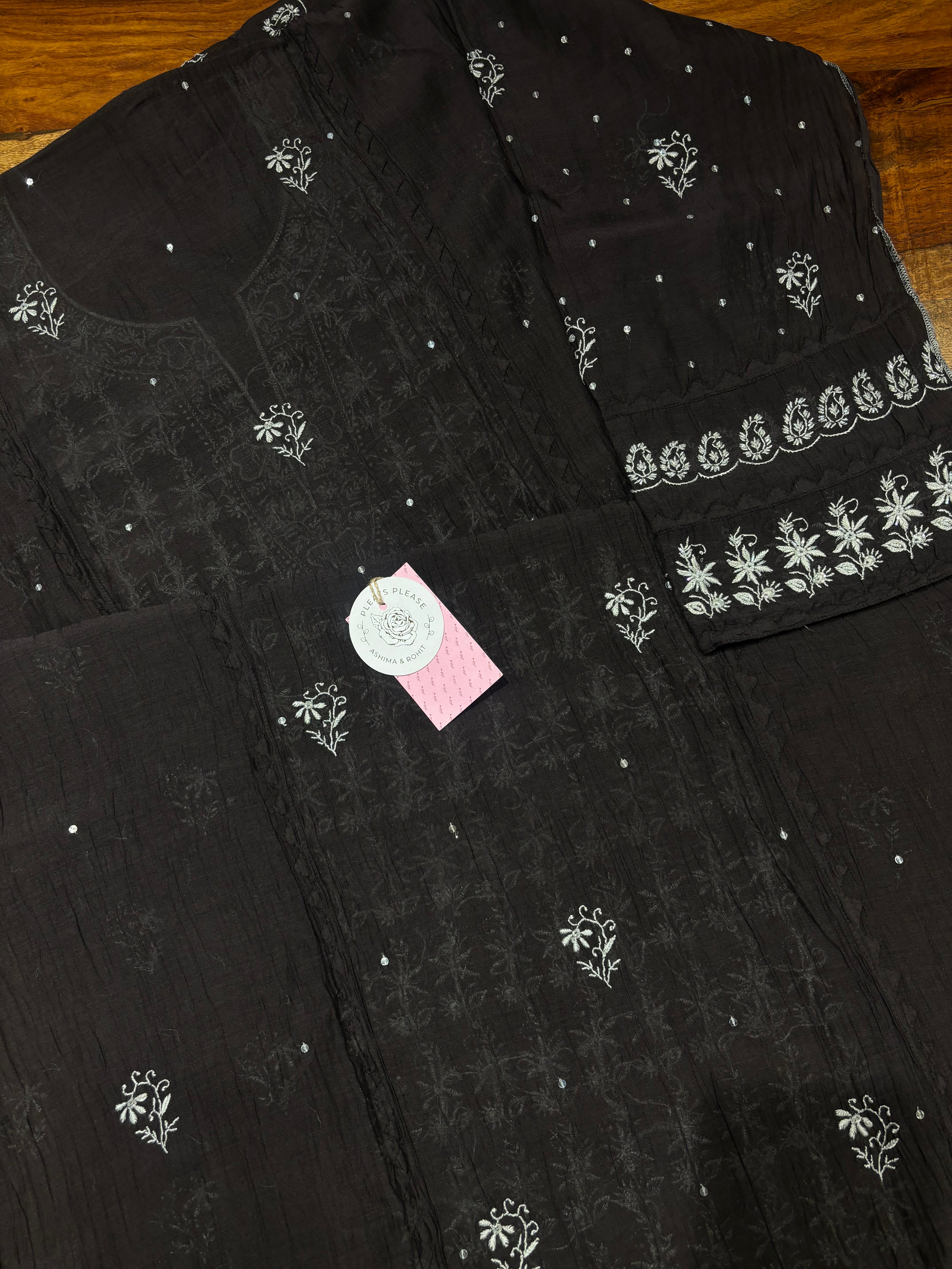 Black Chanderi Mul Chikankari Kurta & Dupatta Set