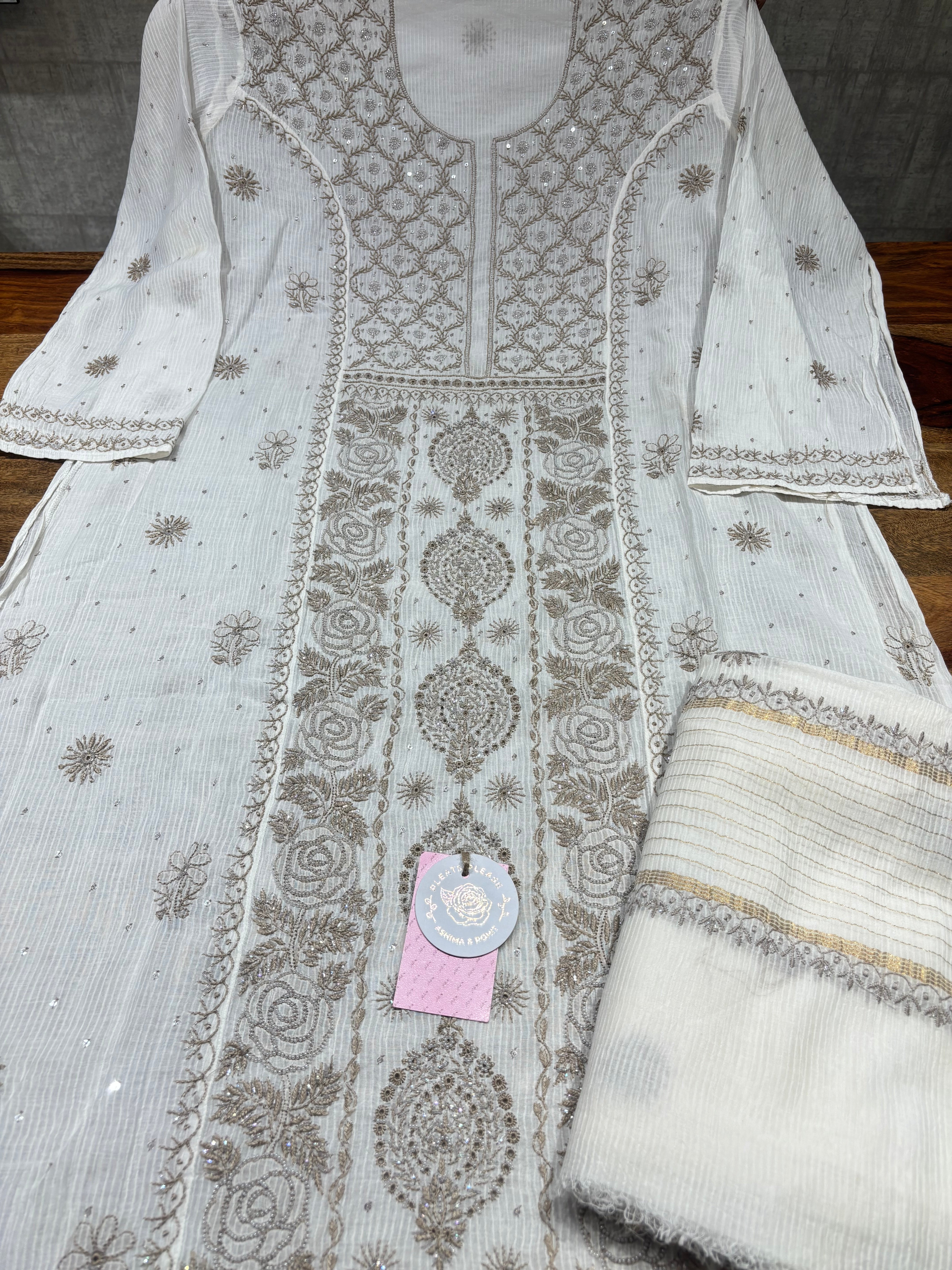 Dyeable Chanderi Maheshwari Chikankari Kurta & Dupatta Set