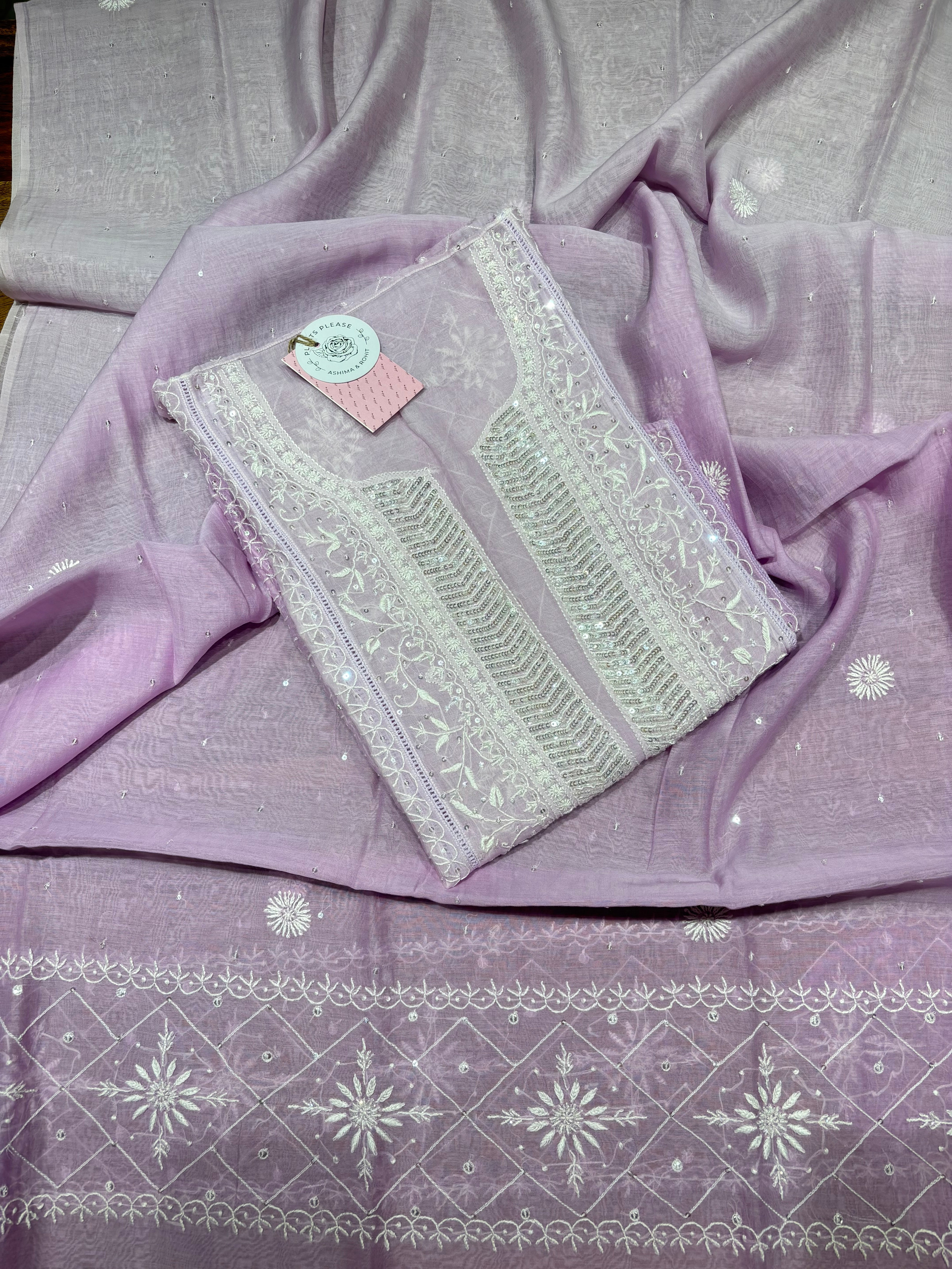 Lilac Ombre Chanderi Mul Chikankari Kurta & Dupatta Set