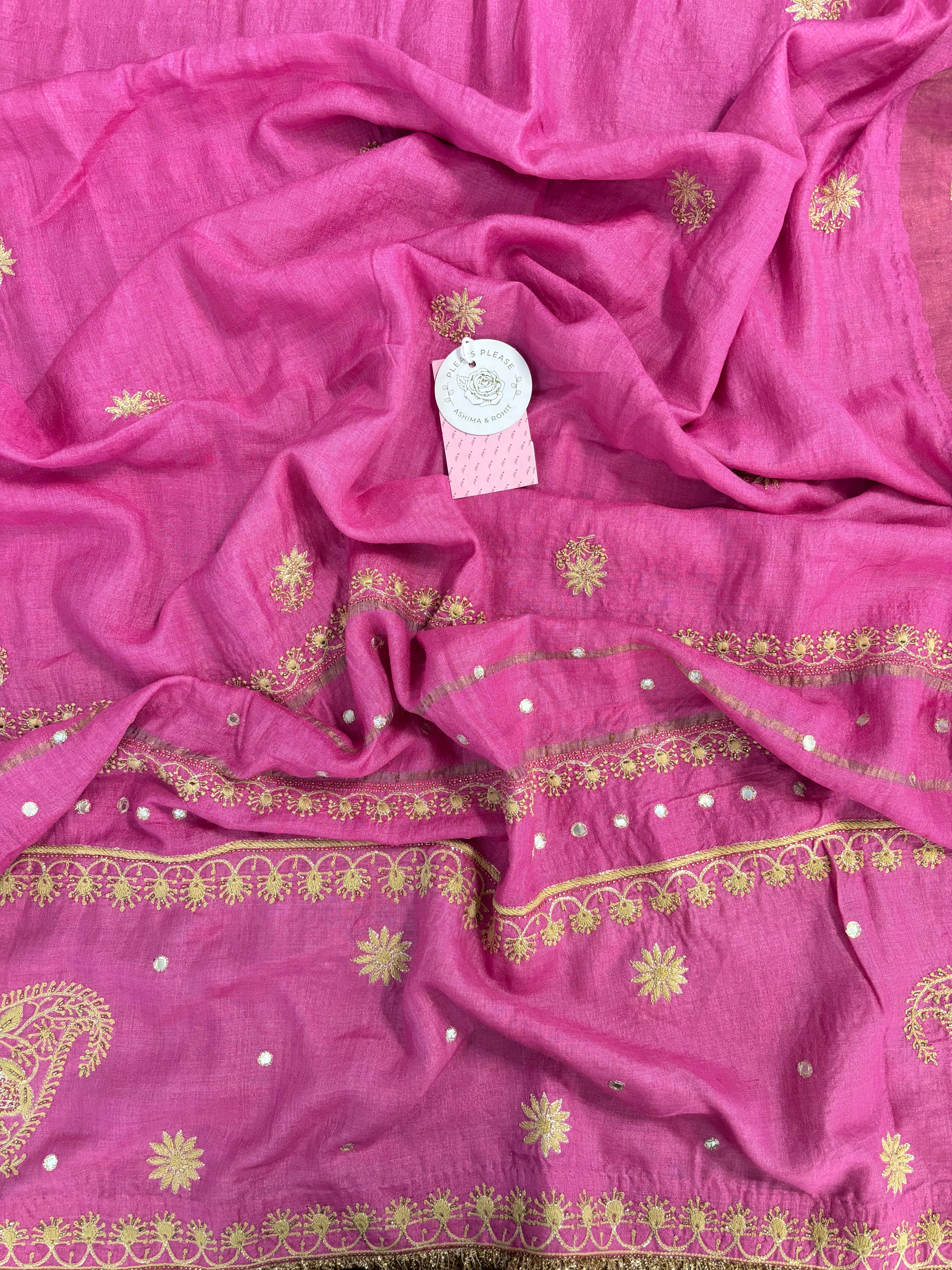 Magenta Pure Monga Silk A-Line Chikankari Kurta & Dupatta With Bottom - Pleats PleaseChikankari