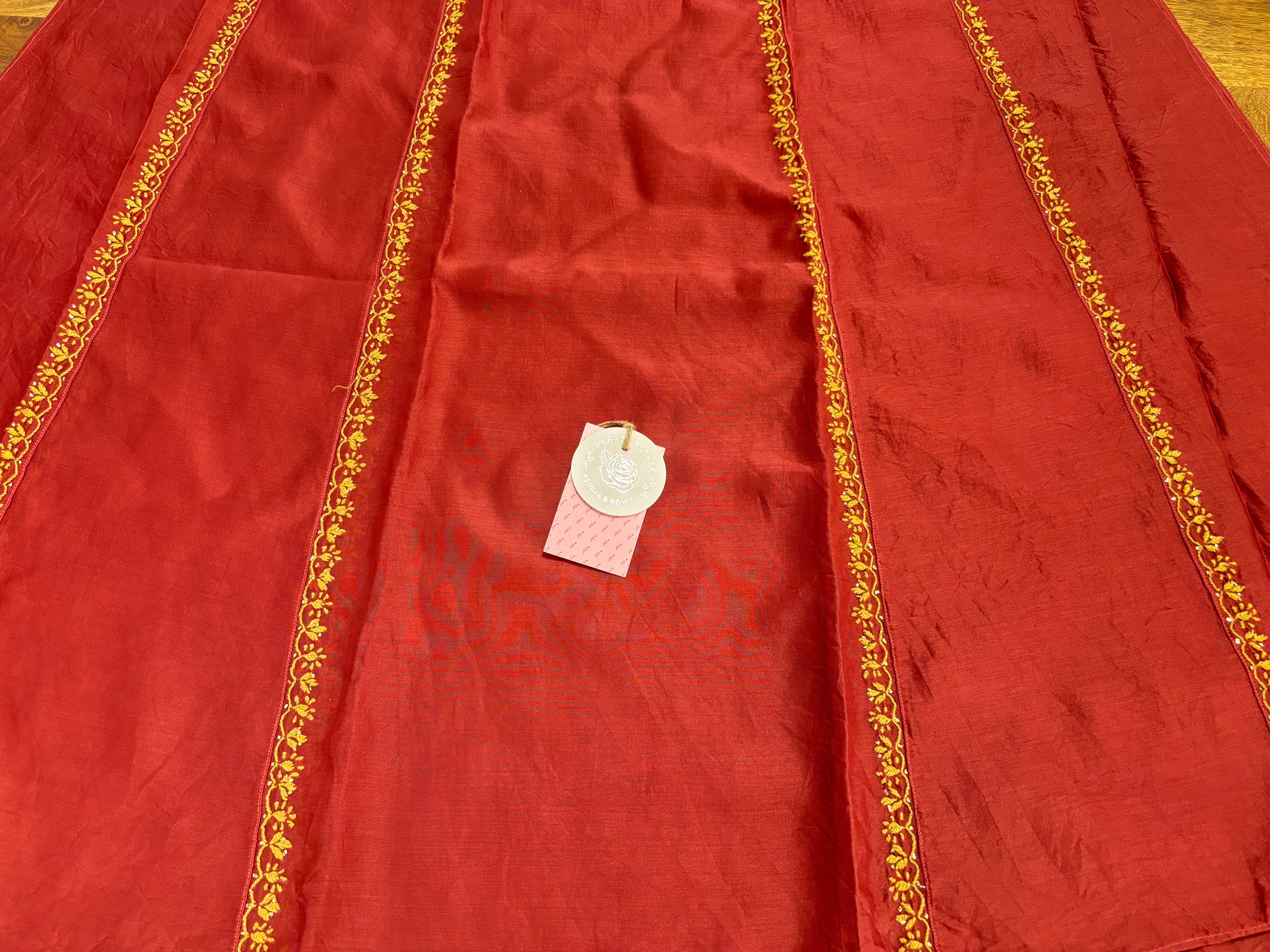 Maroon Chanderi Silk A-line Chikankari Mukaish Kurta & Dupatta Set