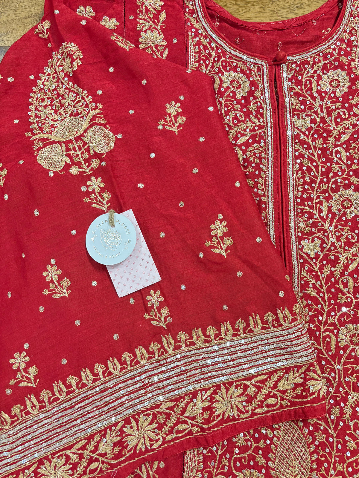 Crimson Red Monga Silk Chikankari Kurta & Dupatta