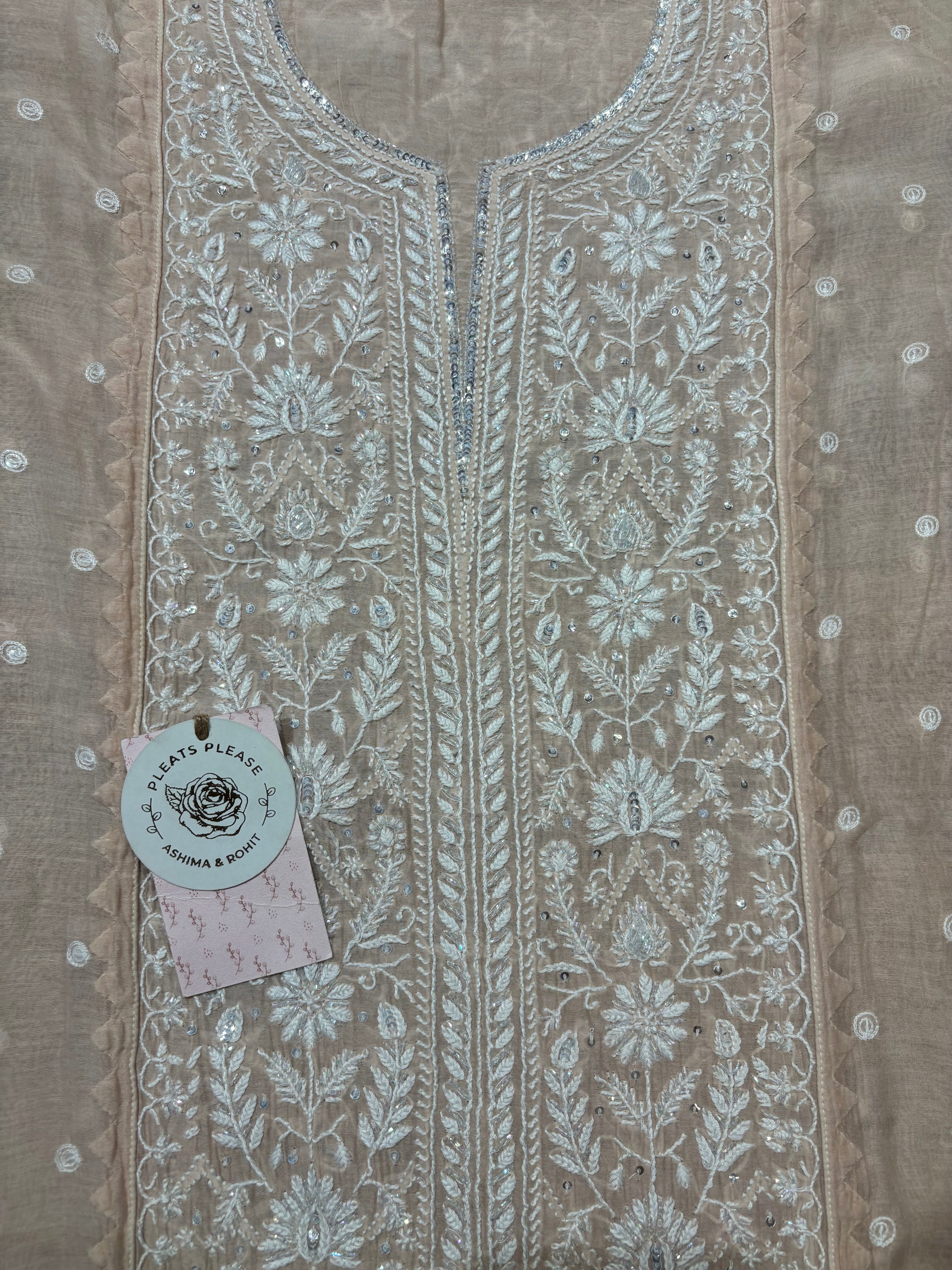 Peach Chanderi Mul Chikankari Kurta and Dupatta