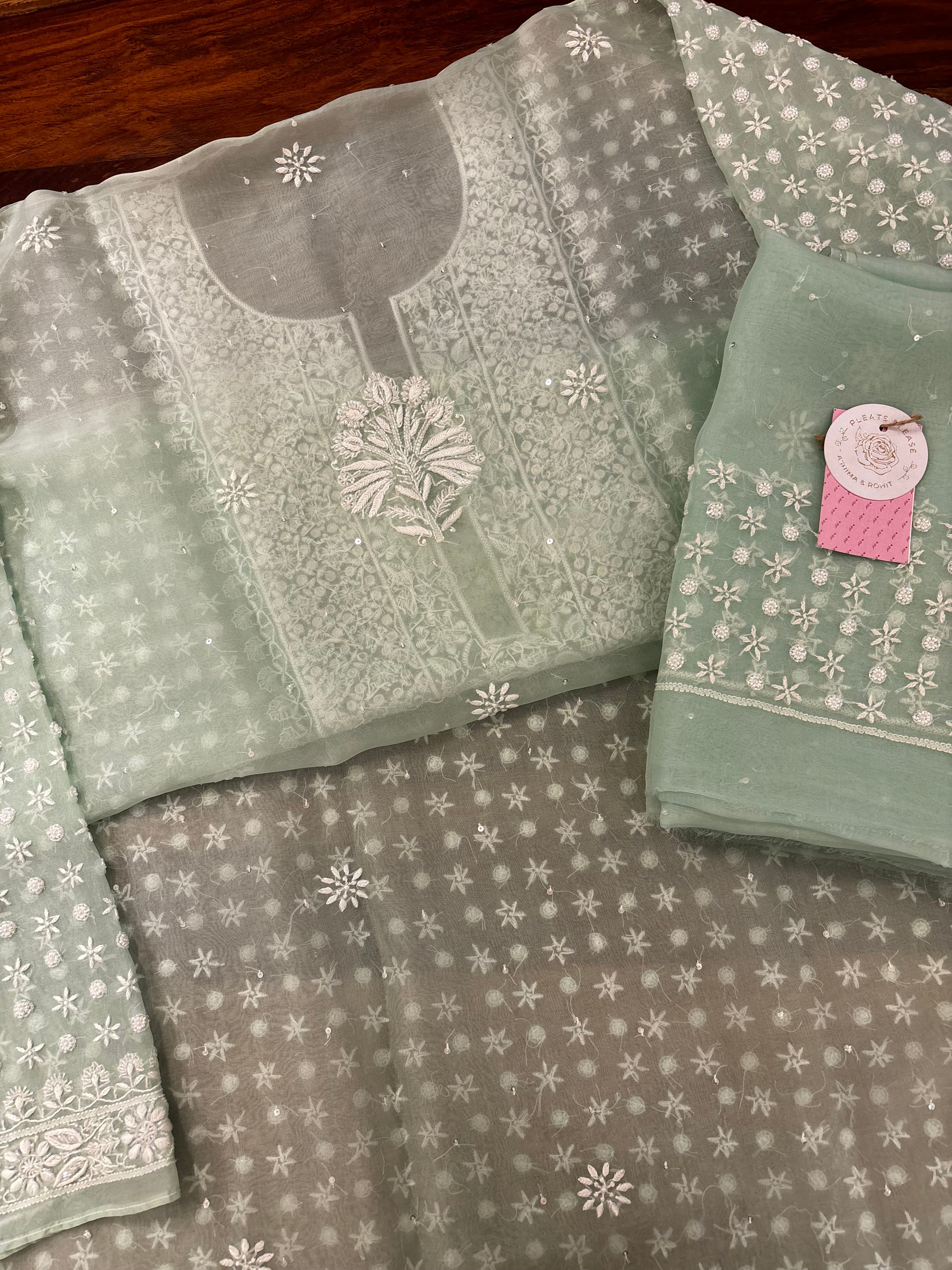 Mint Green Pure Organza Chikankari Kurta & Dupatta - Pleats PleaseChikankari