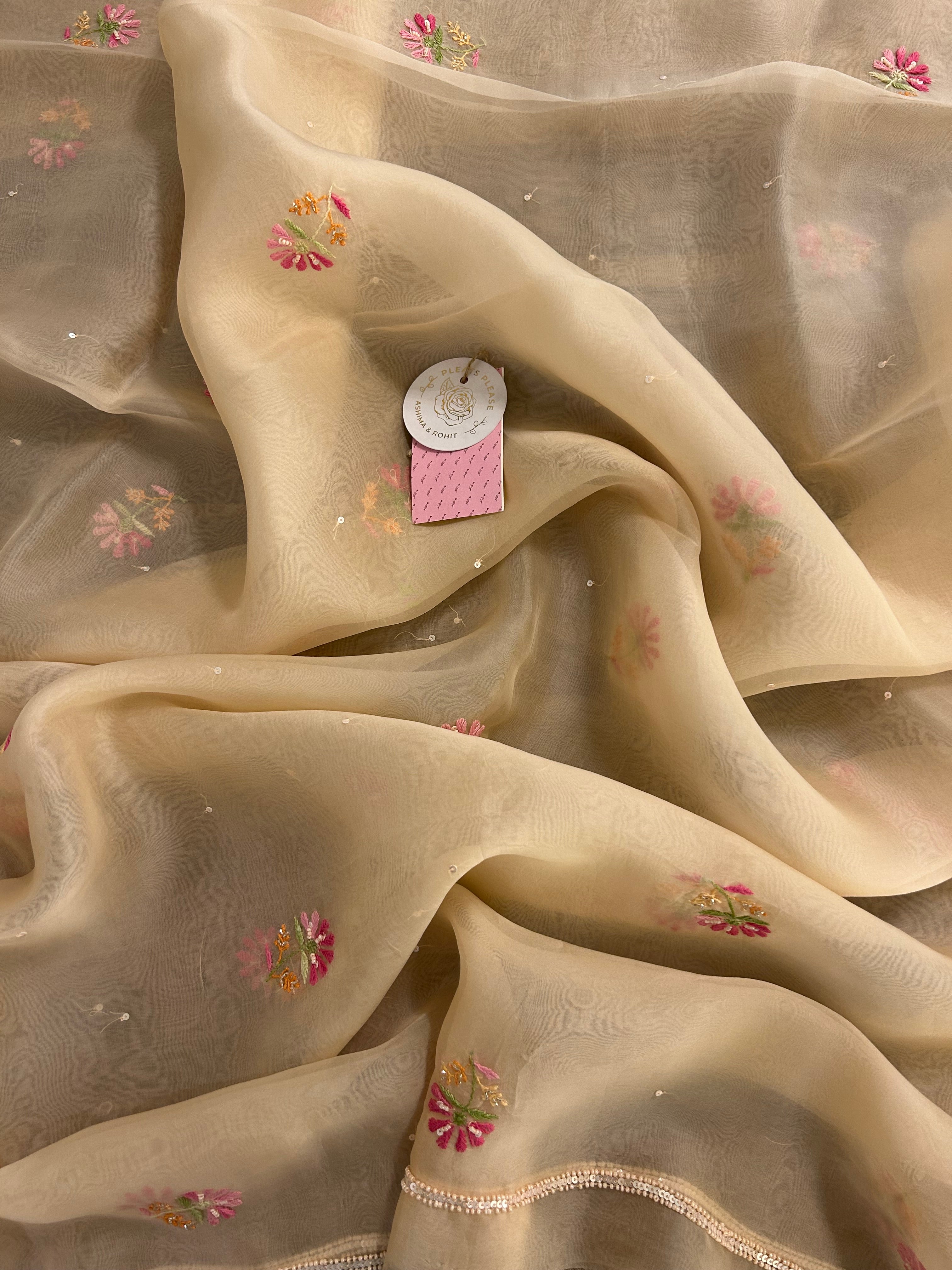 Blush Cream Pure Organza Chikankari Kurta & Dupatta