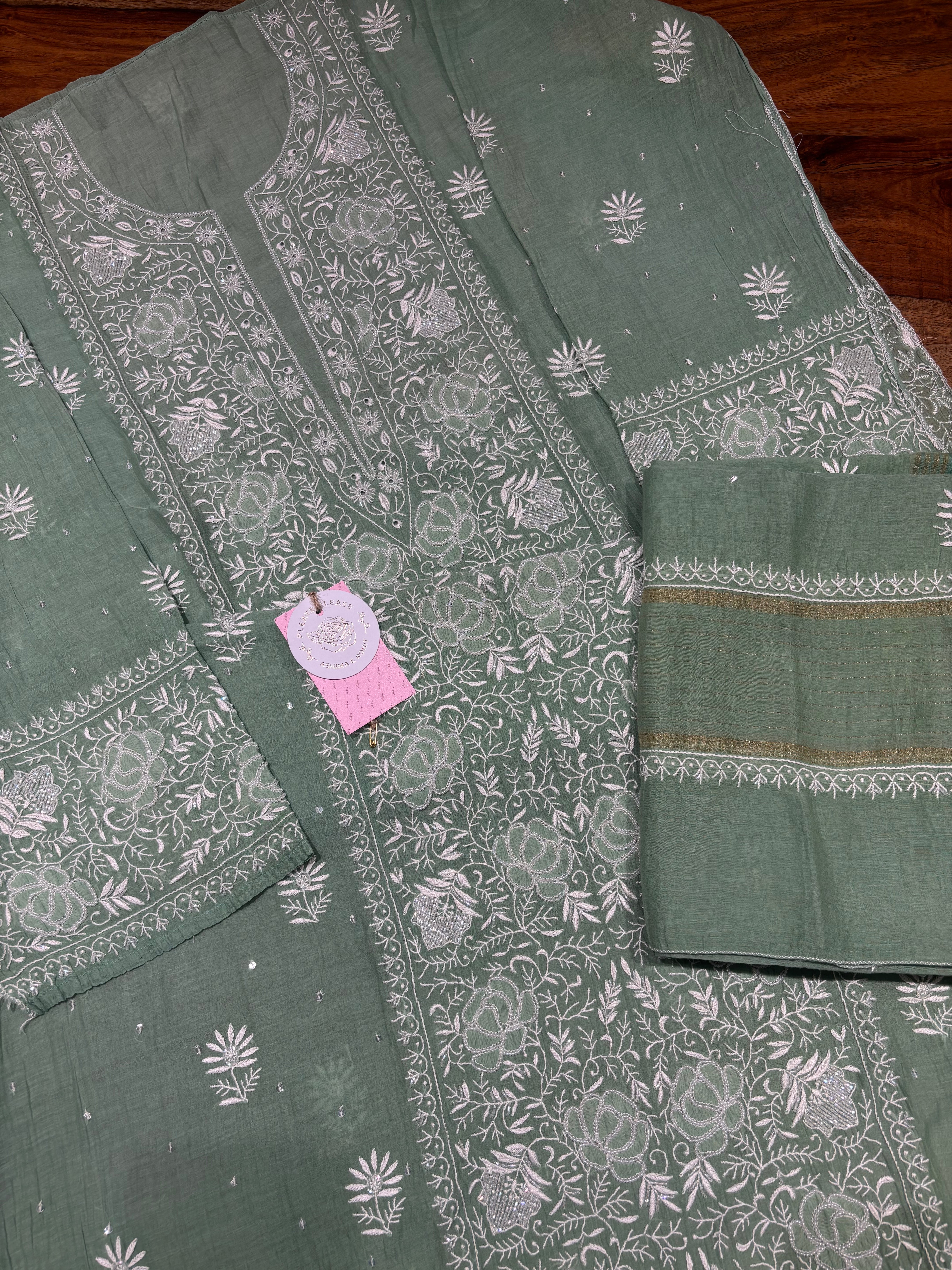 Mint Green Chanderi Mul Chikankari Kurta & Dupatta Set