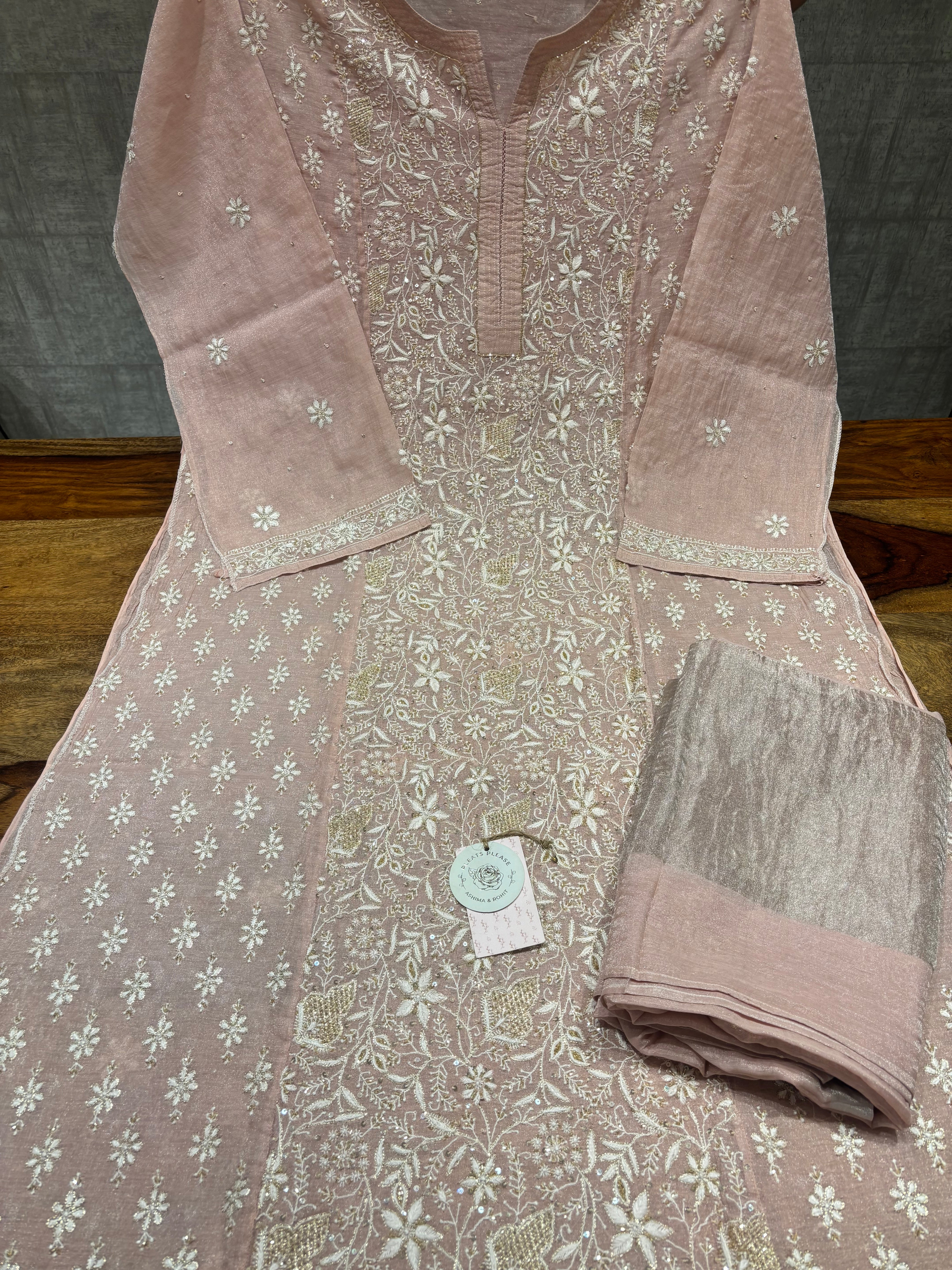 Pink Pure and Premium Silver Tissue Chikankari Kurta and Dupatta Set
