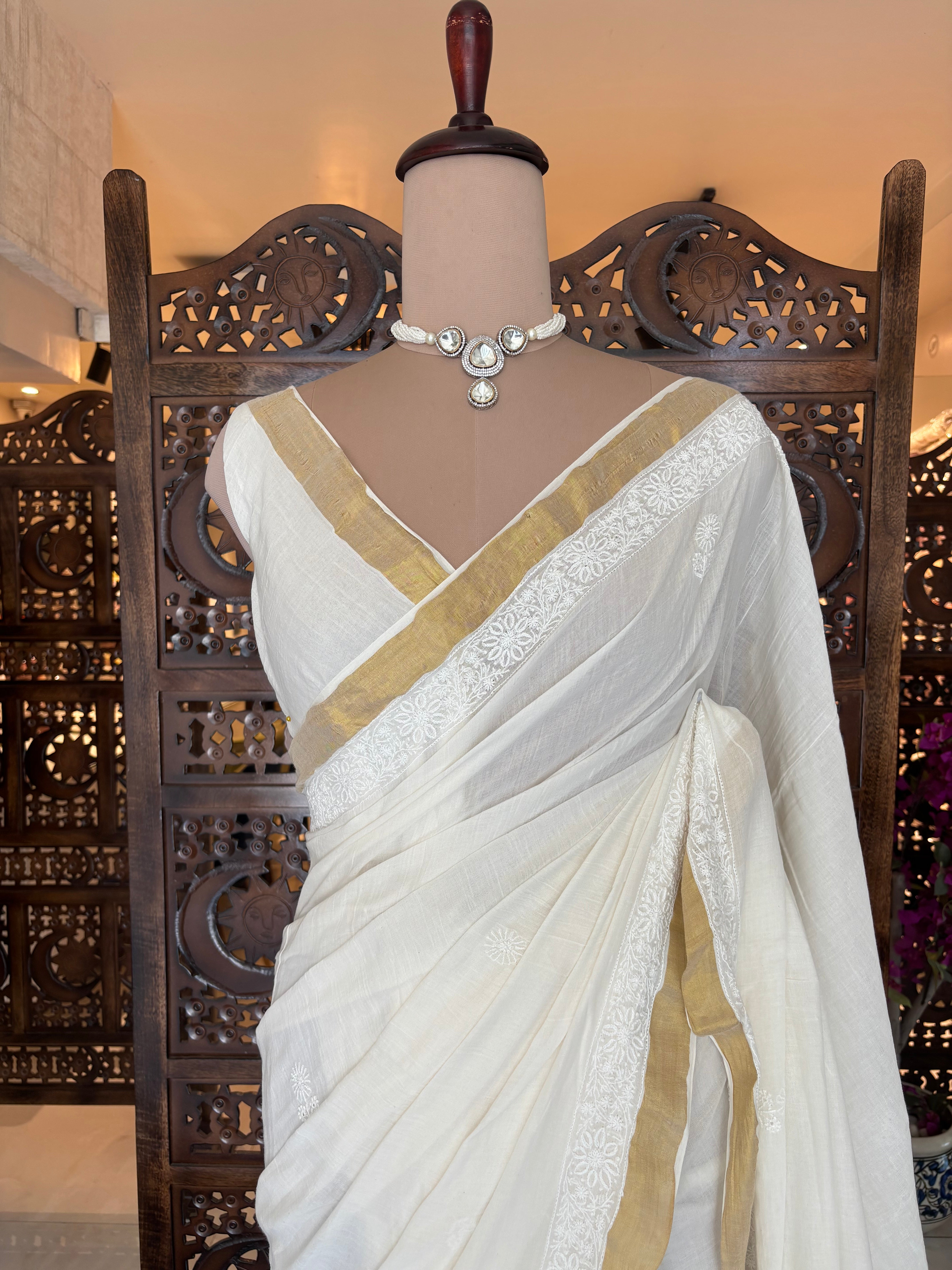 Dyeable Pure Chanderi Mul Chikankari Saree