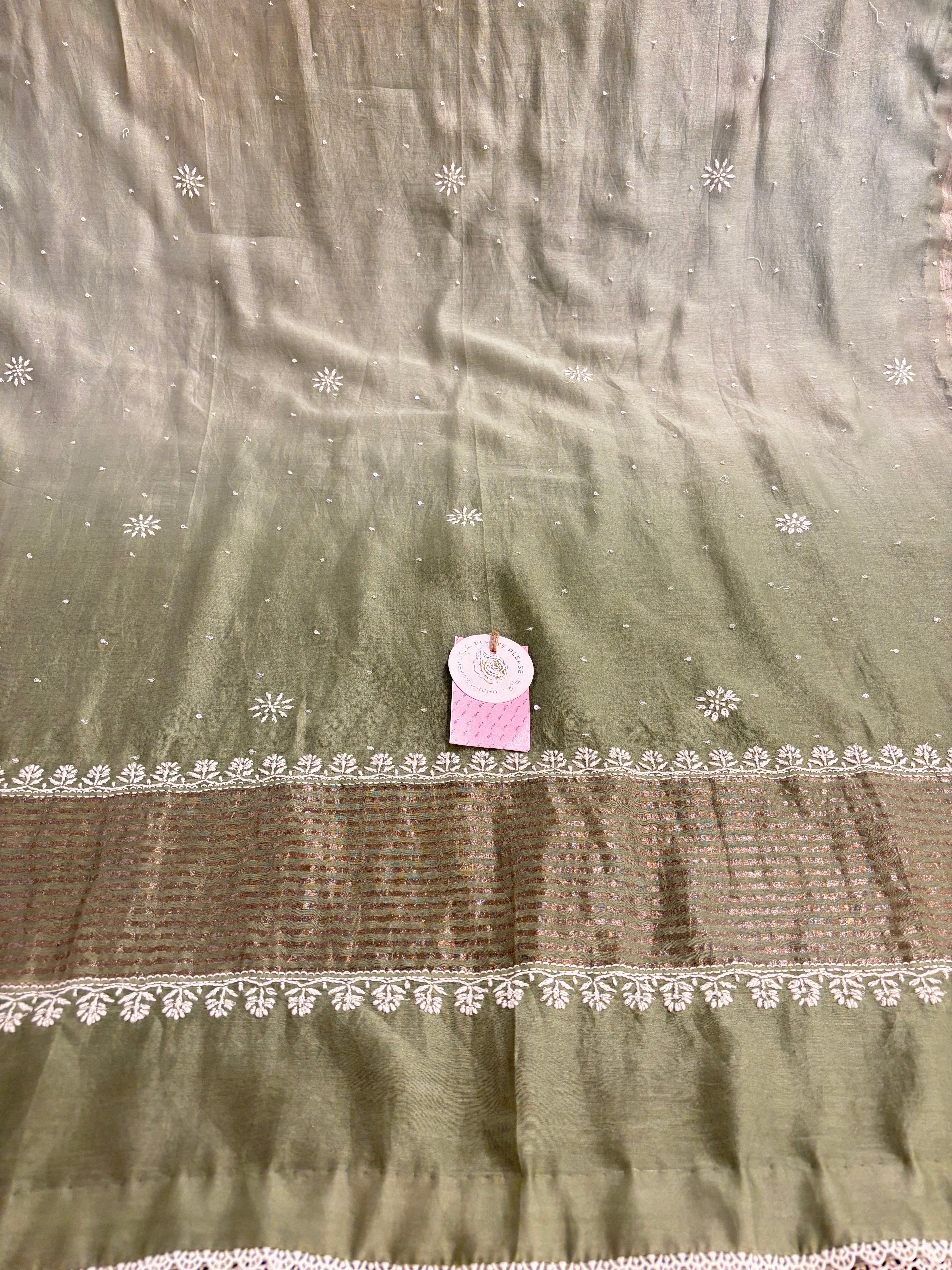 Olive Green Ombré Chanderi Chikankari Anarkali & Dupatta Set