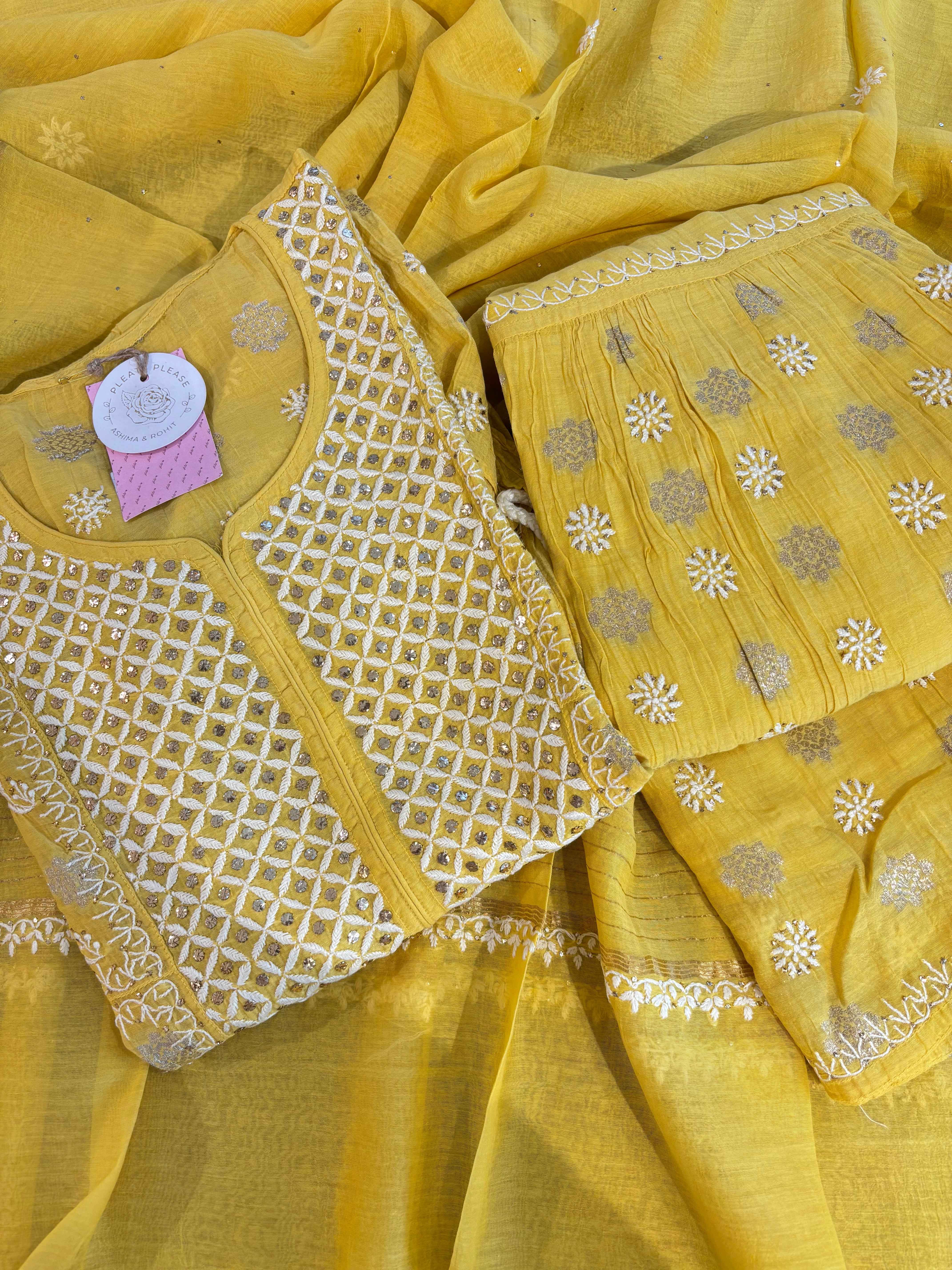 Yellow Chanderi Chikankari Mukaish Kurta, Dupatta & Sharara Set