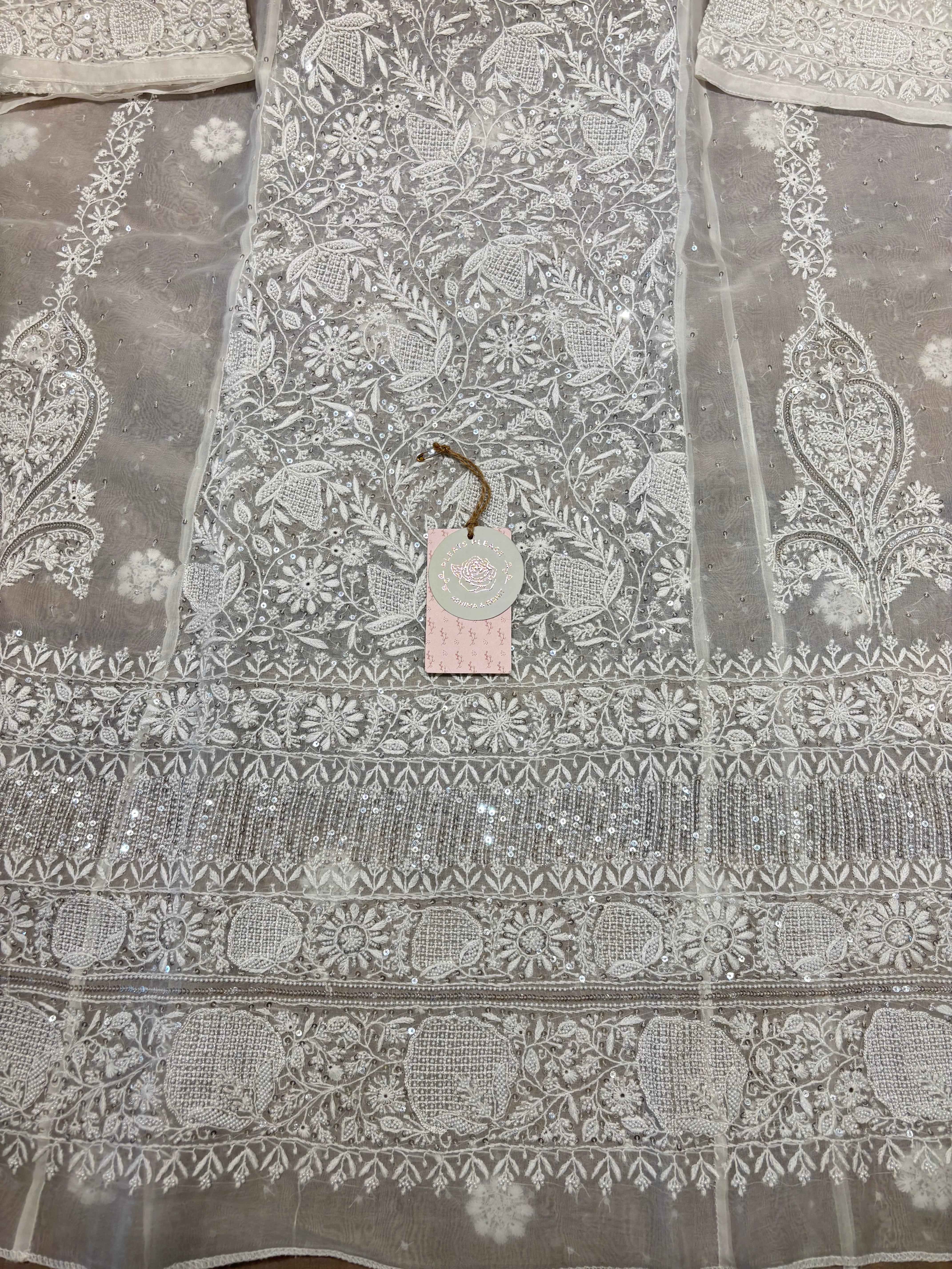 Dyeable Pure and Premium Organza Aline Anarkali and Dupatta - Pleats PleaseChikankari