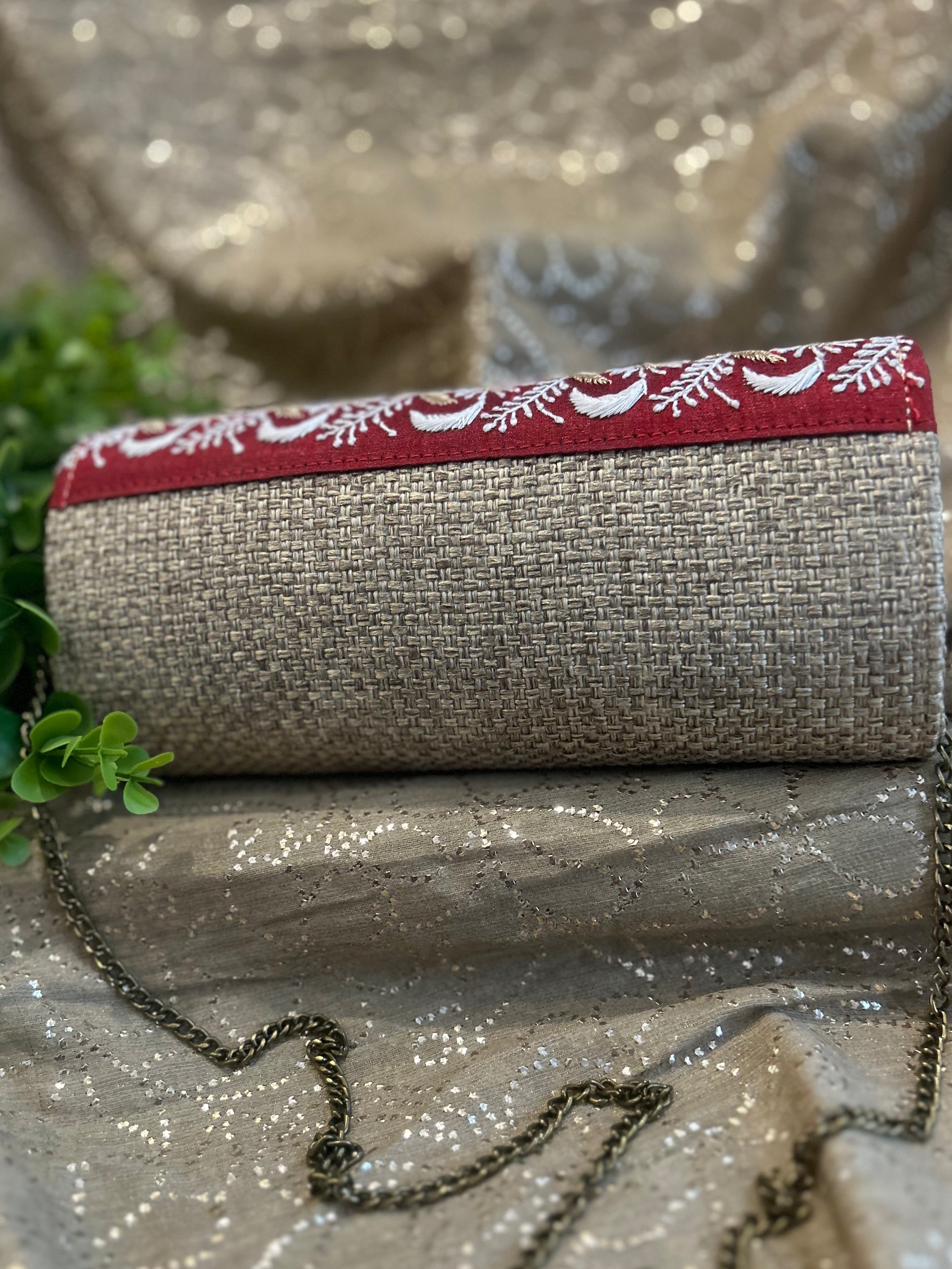 Cherry Red Chikankari Jute Clutch - Pleats PleaseChikankari